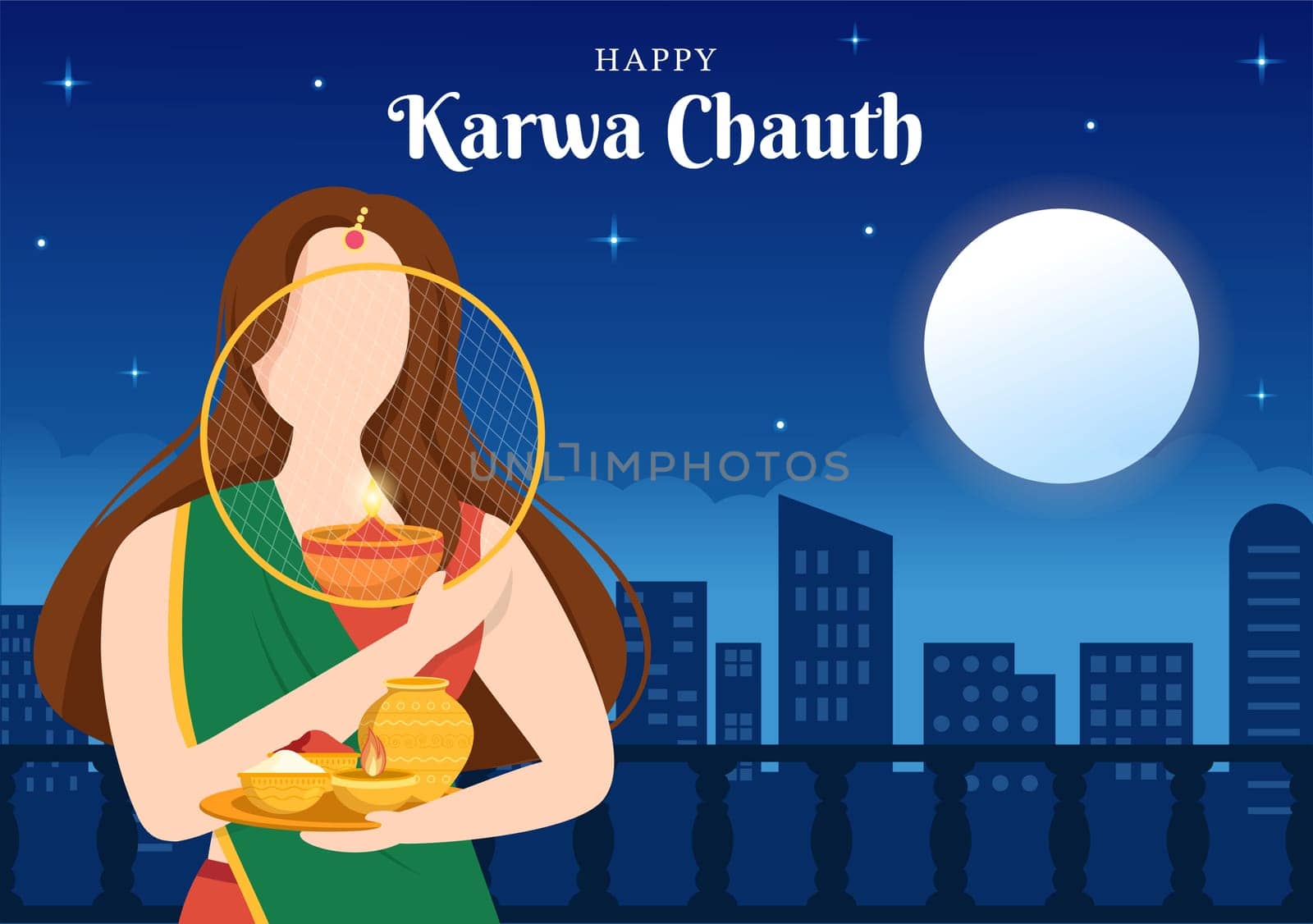 Karwa Chauth Festival Indian Background Template Hand Drawn Cartoon Flat Illustration