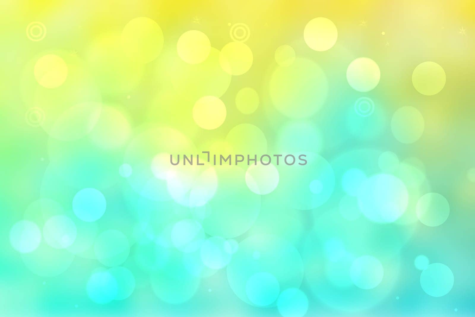 Abstract gradient light blue turquoise yellow green shiny blurred background texture with circular bokeh lights. Beautiful fresh backdrop. Space for design.