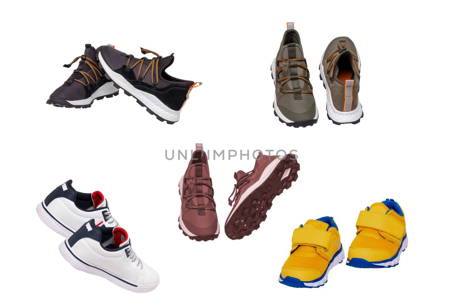 Collage set children summer shoes. Collection of elegant stylish male leather sneakers or sport shoes isolated on a white background. Boys shoe fashion. Modern design footwear for workout. Macro.