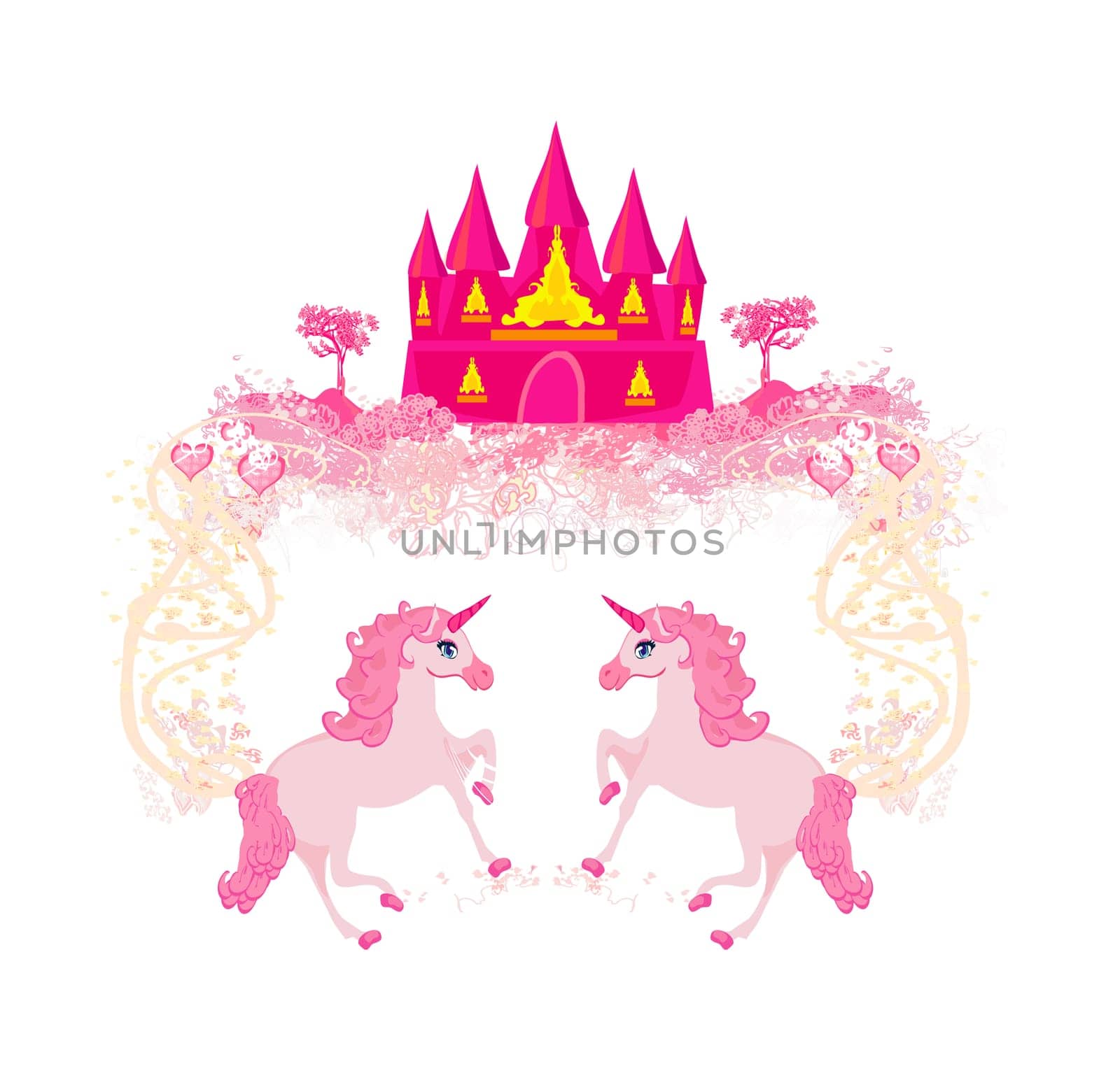 Fairytale landscape with pink magic castle and unicorns