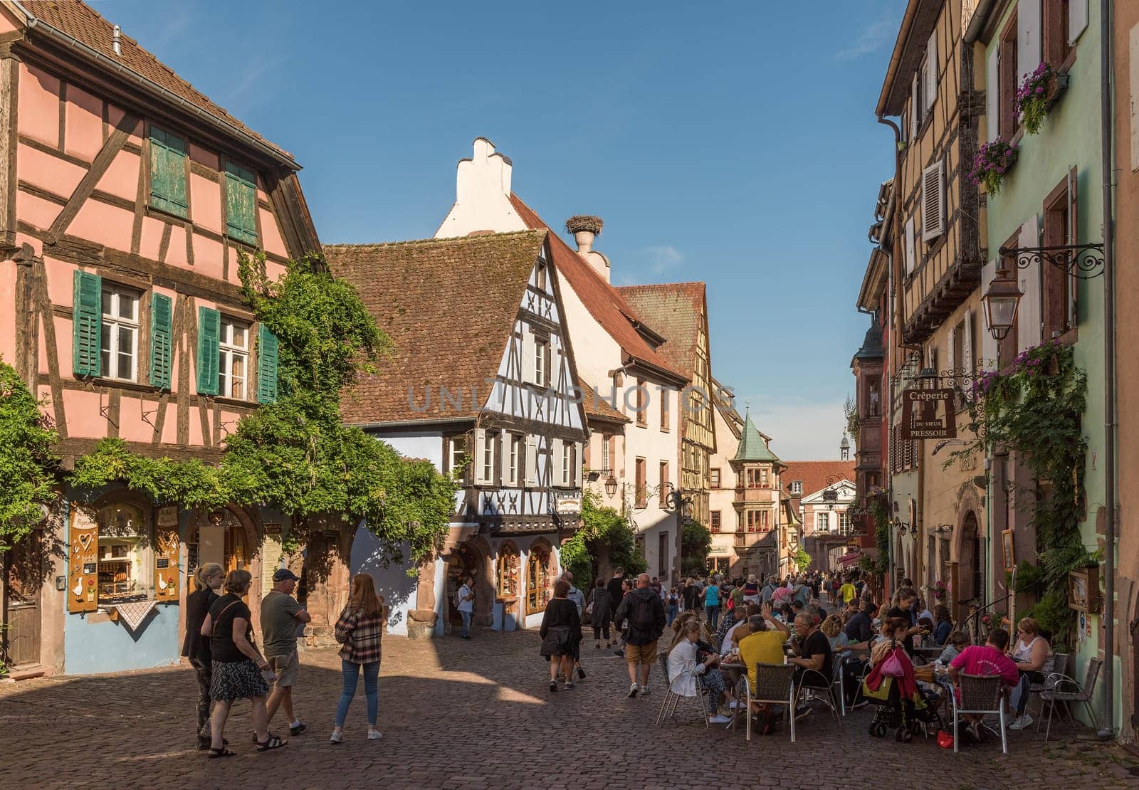 View along a street in the medieval village of Riquewihr, Alsace, France