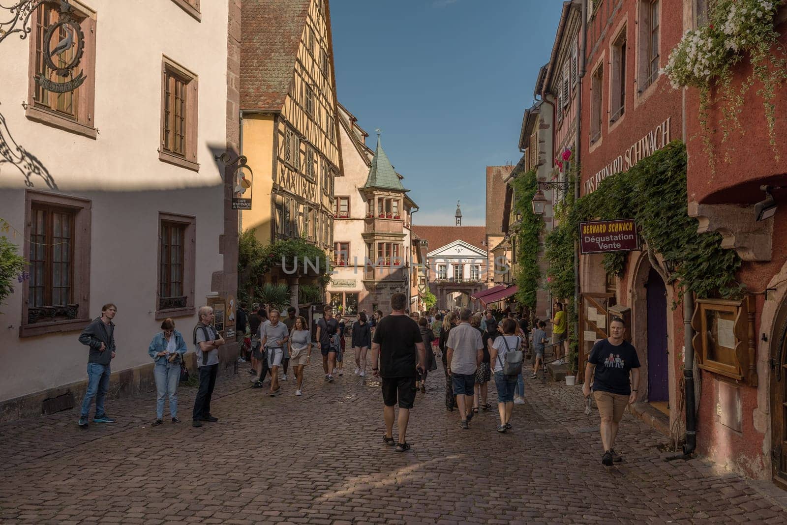View along a street in the medieval village of Riquewihr, Alsace, France