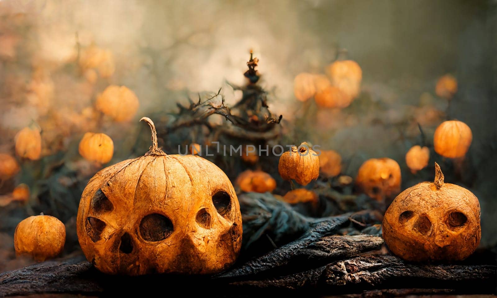 Halloween greeting card with pumkins and mysterious trees, dark and scary night in autumn, illustration