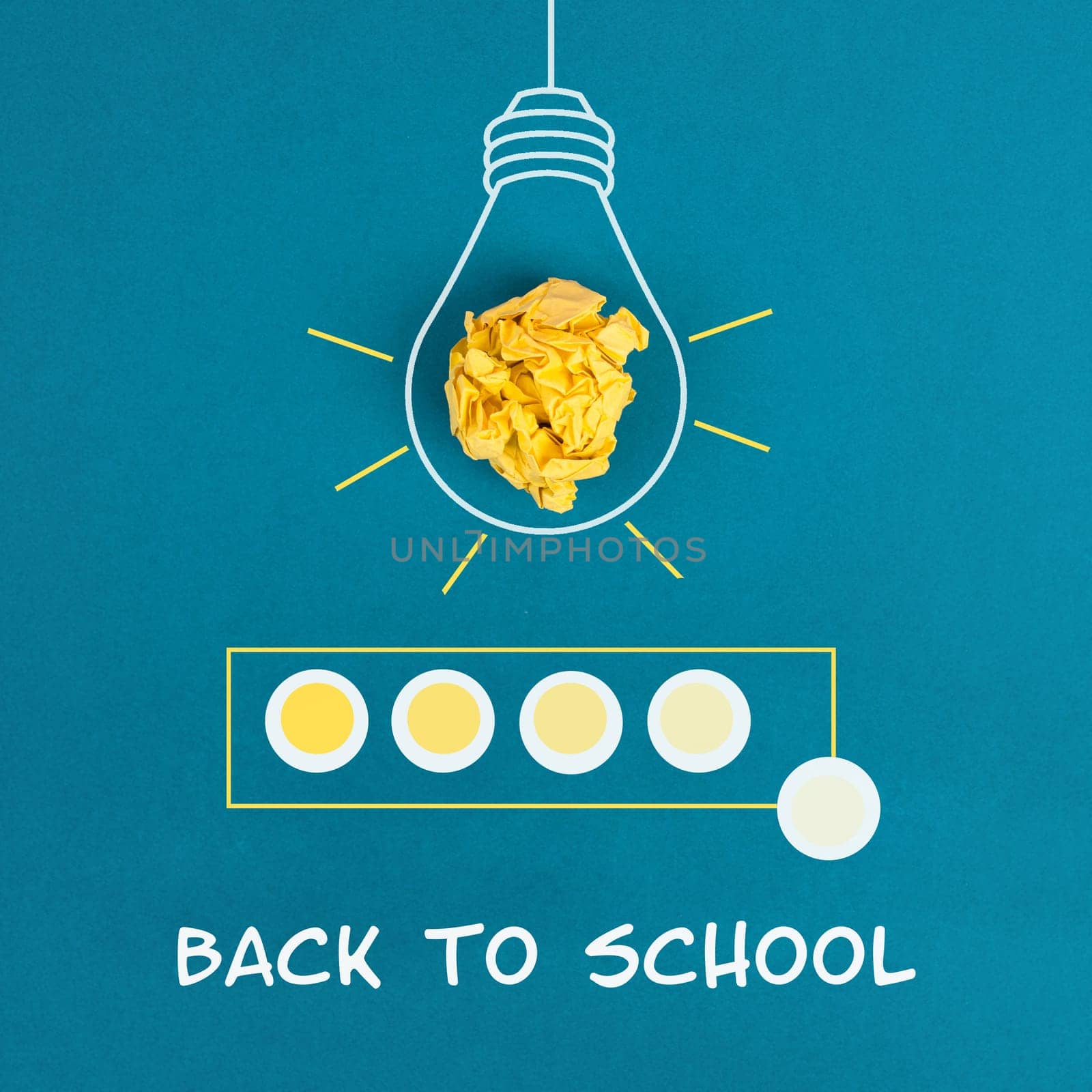 Lightbulb with crumpled paper and a loading bar, the phrase back to school is standing below, education concept