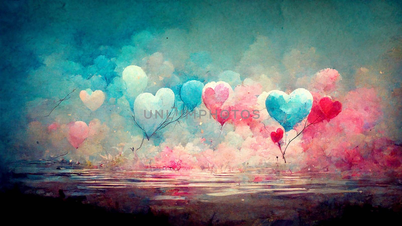 Illustration of a sky with colorful heart ballons flying over the sea, valentines greeting card, positive emotion and symbol of love