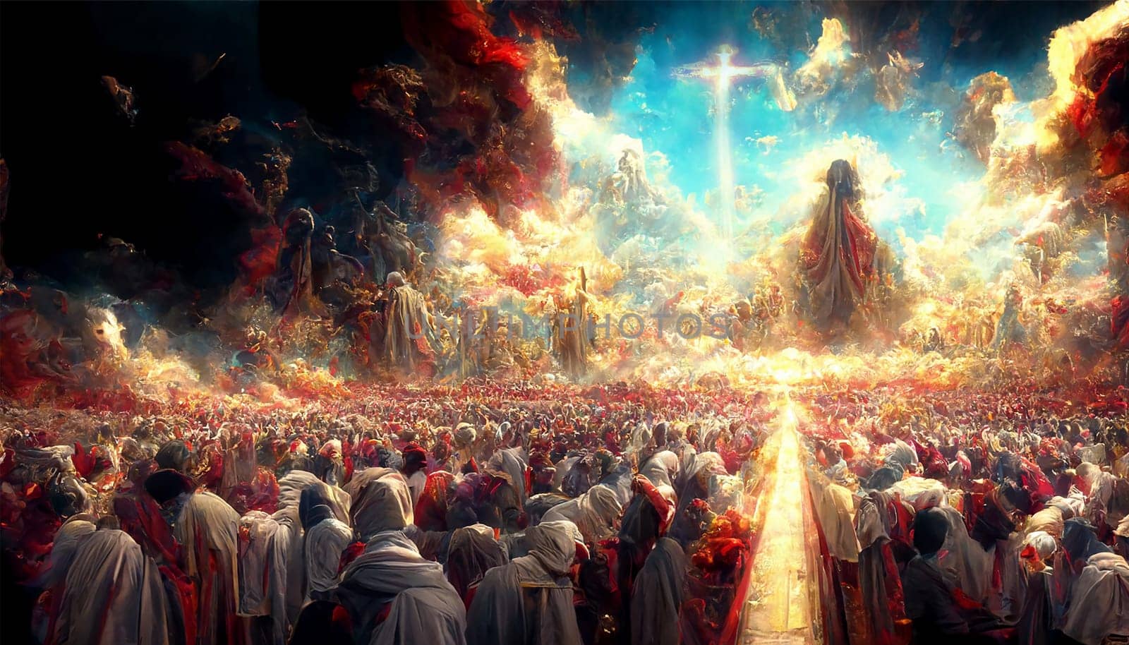 Revelation of Jesus Christ, new testament, religion of christianity, heaven and hell over the crowd of people, Jerusalem of the bible