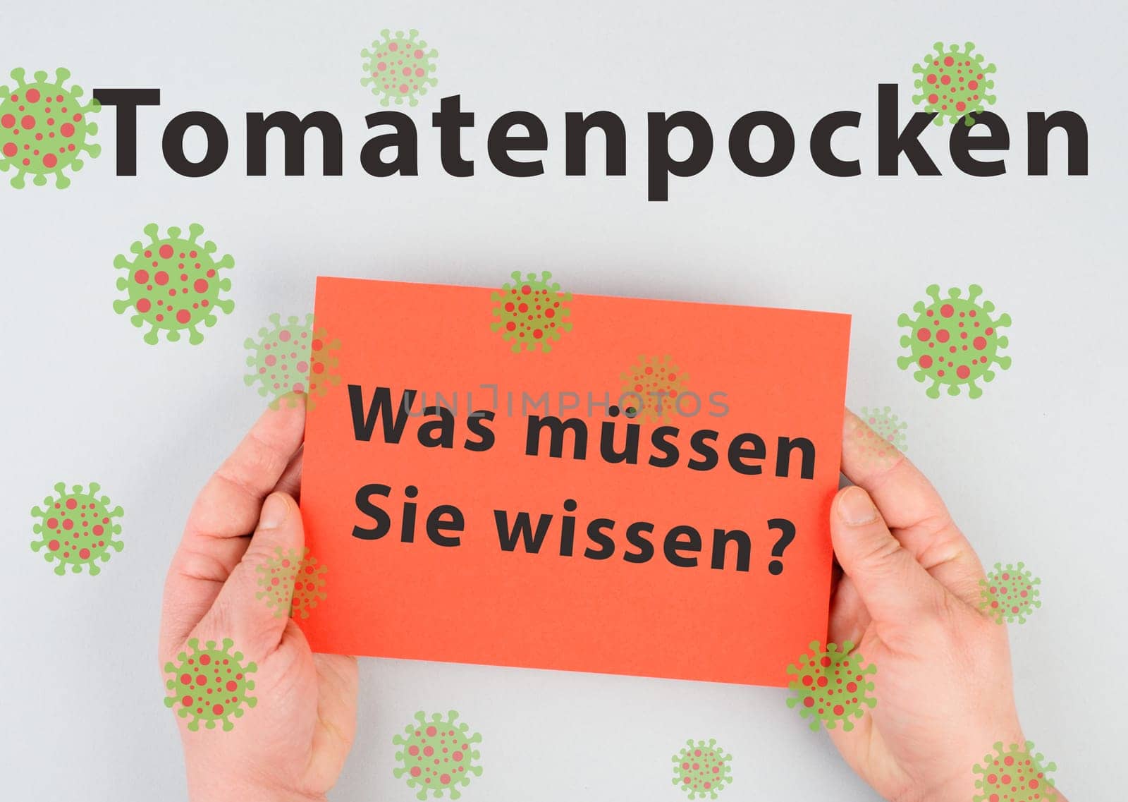 The words tomato pox, what you need to know, are standing in german language on a paper, outbreak of the virus in India, infectious disease spreading