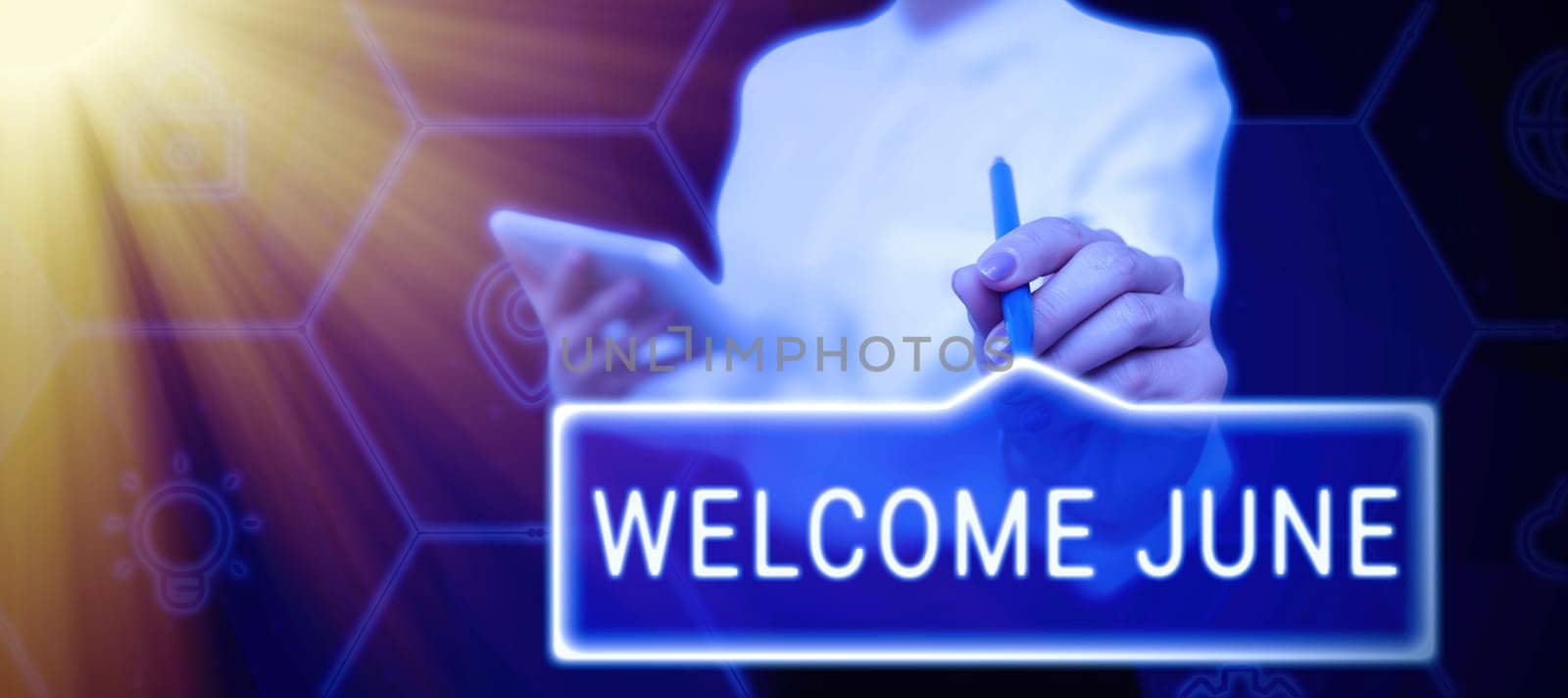 Text showing inspiration Welcome June, Word Written on Calendar Sixth Month Second Quarter Thirty days Greetings Businessman in suit holding open palm symbolizing successful teamwork.