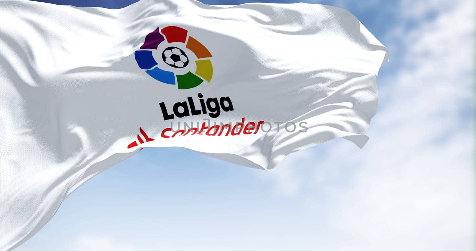 Madrid, SPA, July 2022: Close-up of the La Liga flag waving in the wind. La Liga is the men top professional football division of the Spanish football league system. Illustrative editorial