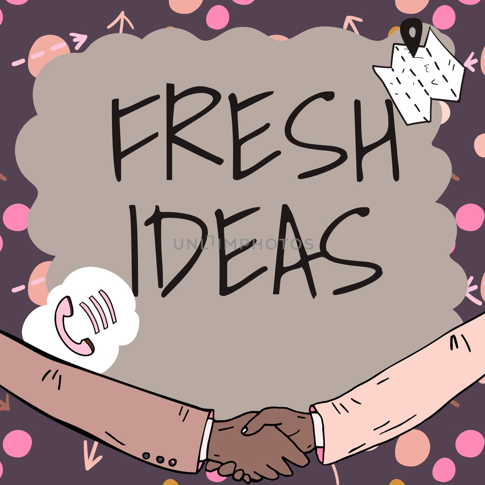 Conceptual display Fresh Ideas, Word for thought or suggestion as to possible course of action Empty frame decorated with communication symbols represent business meeting