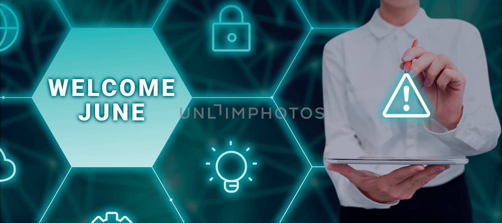 Inspiration showing sign Welcome June, Conceptual photo Calendar Sixth Month Second Quarter Thirty days Greetings Businessman in suit holding tablet symbolizing successful teamwork.