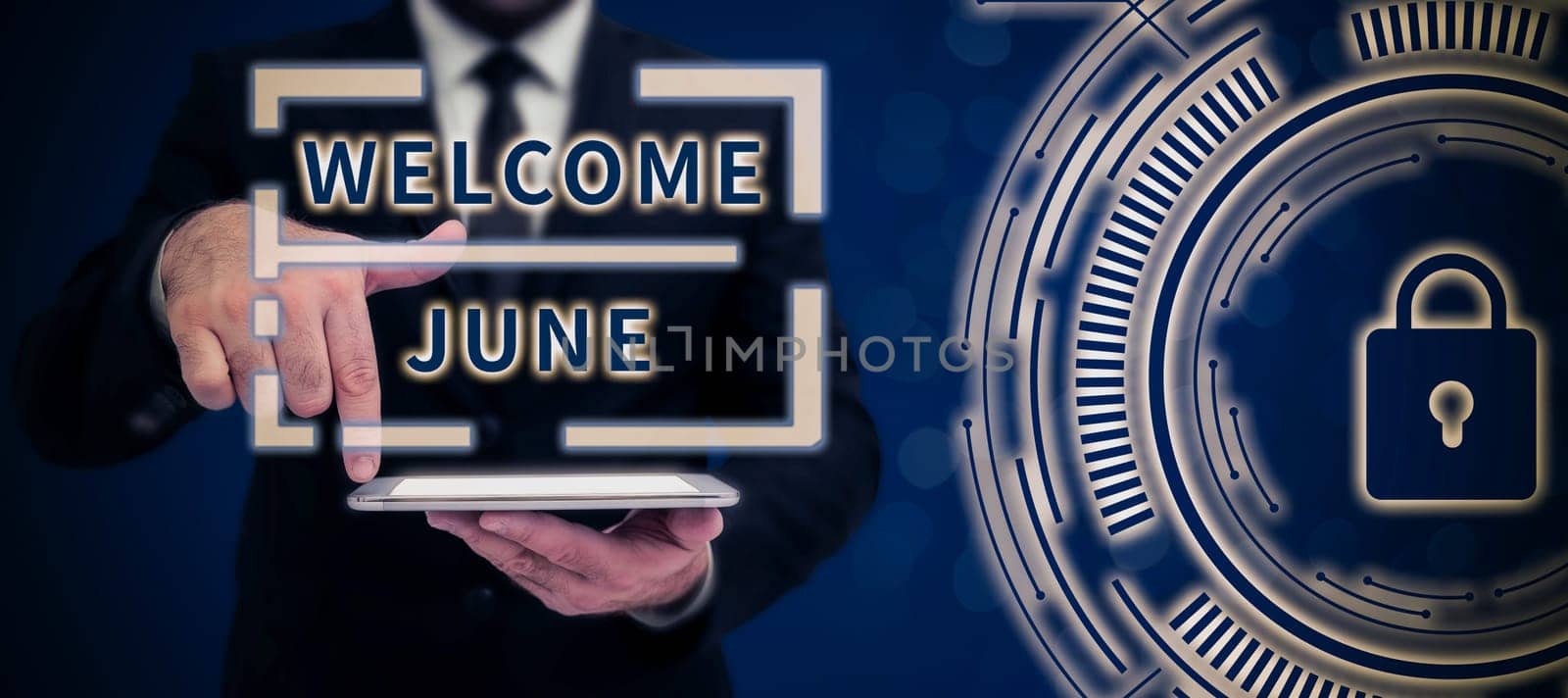 Conceptual caption Welcome June, Word for Calendar Sixth Month Second Quarter Thirty days Greetings Businessman in suit holding notepad symbolizing successful teamwork.