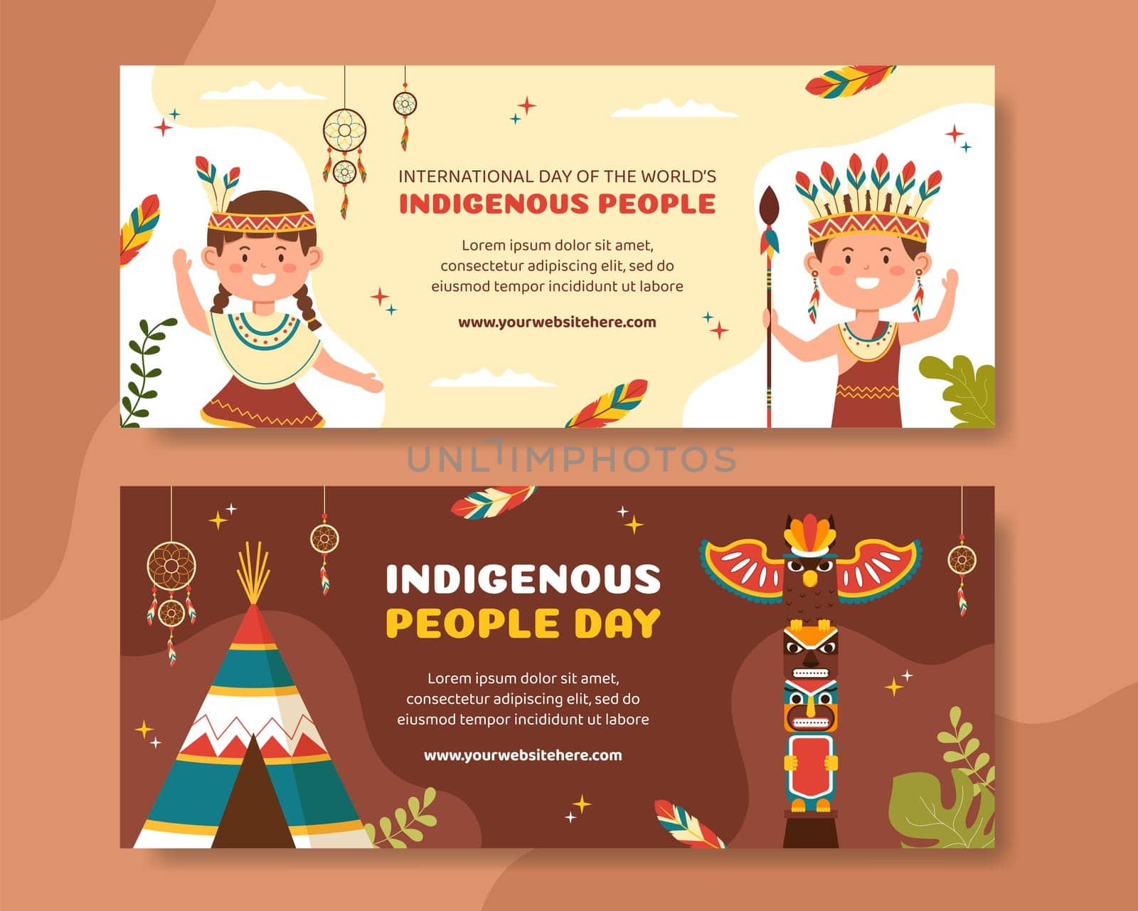 World Indigenous Peoples Day Horizontal Banner Template Hand Drawn Cartoon Flat Illustration