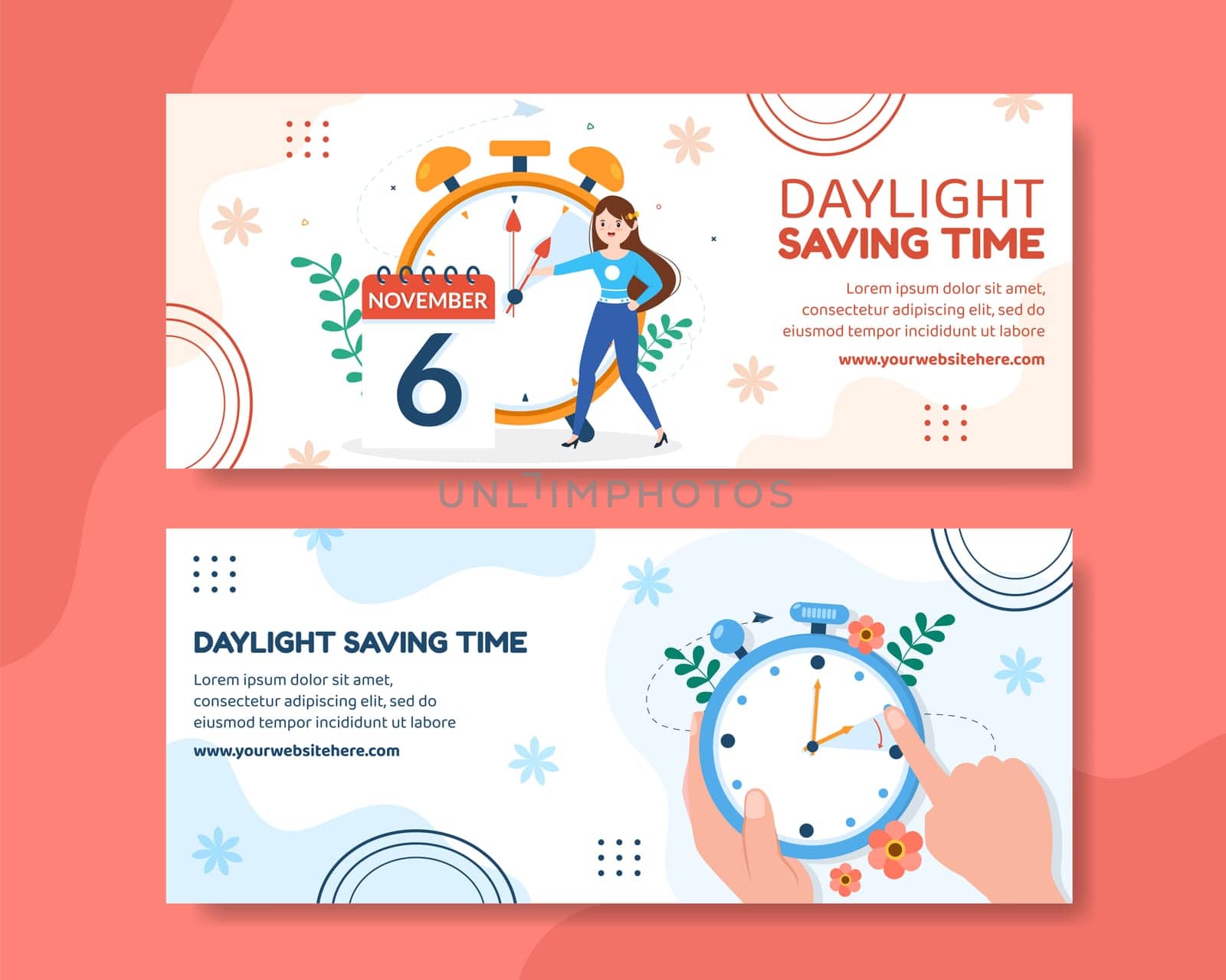 Daylight Savings Time Horizontal Banner Template Hand Drawn Cartoon Flat Illustration