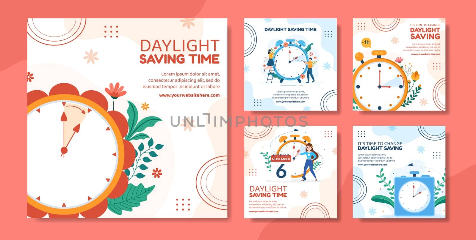 Daylight Savings Time Social Media Post Template Hand Drawn Cartoon Flat Illustration