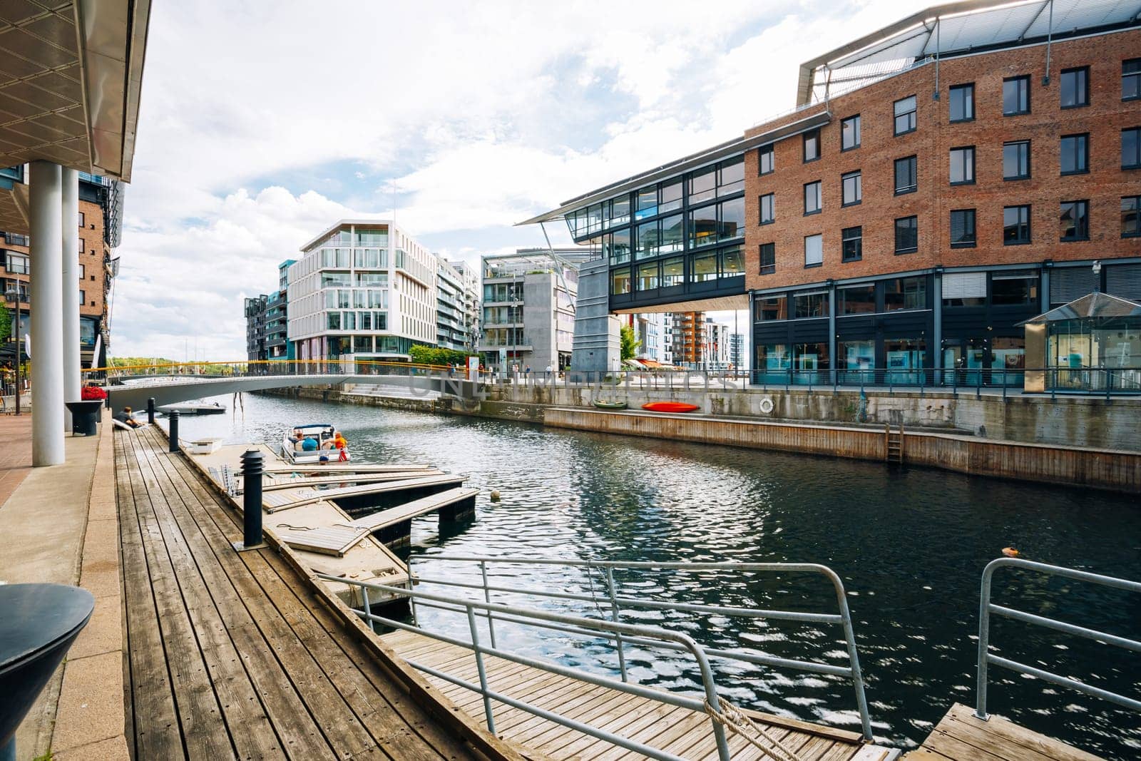 Typical Example Of Scandinavian Architecture. Exterior Building in Aker Brygge is a popular area for for shopping, dining, and entertainment in Oslo, Norway