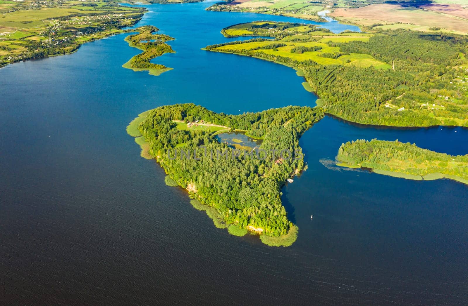 Lyepyel District, Vitebsk Region, Belarus. Aerial View Of Lepel Lake With Natural Small Islands.