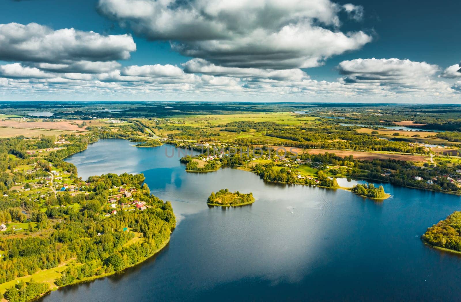 Lyepyel District, Vitebsk Region, Belarus. Aerial View Of Lepel Lake With Natural Small Islands.