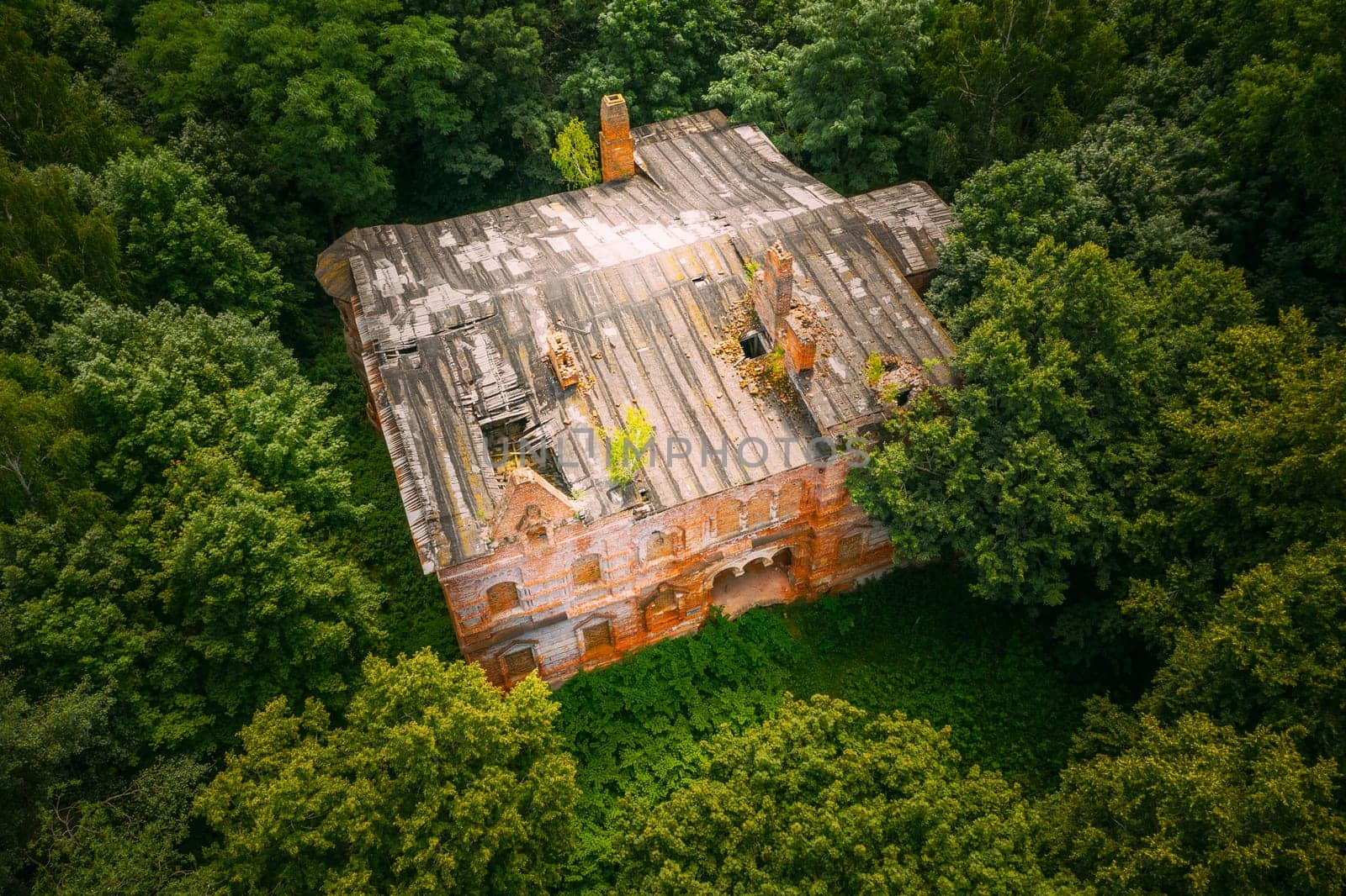 Dziemjanki, Gomel Region, Belarus. Aerial View Of Abandoned Dilapidated Manor House Gerard Nicholas Chernobyl Resettlement Zone. Chornobyl Catastrophe Disasters. Local Landmark And Heritage.