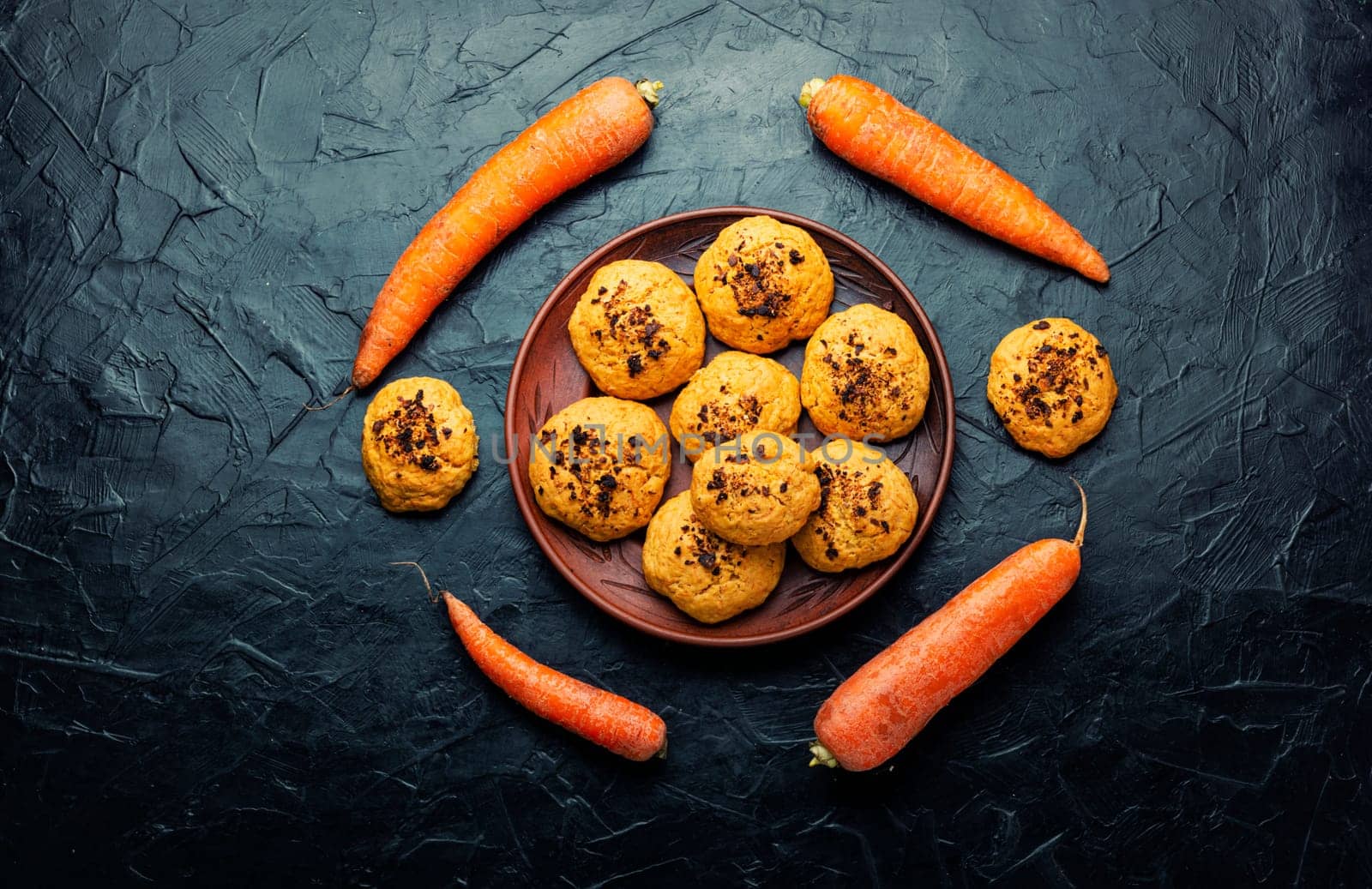 Vegan homemade carrot biscuits, carrot pastry. Carrot fresh baked cookies