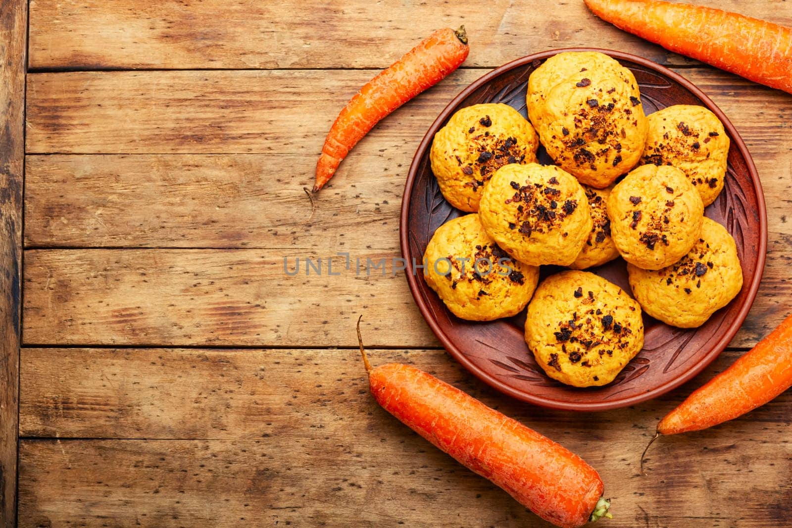 Vegan homemade carrot biscuits, carrot pastry. Carrot fresh baked cookies