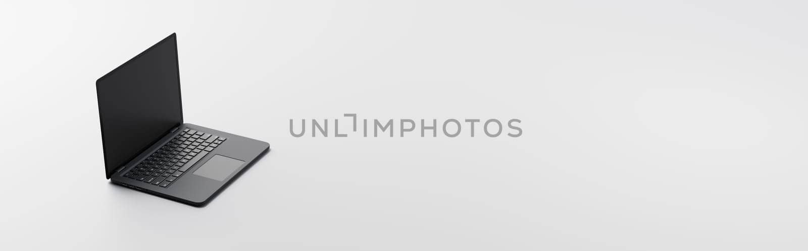 Black Laptop Computer with Blank Screen on Light Gray Background with Copy Space 3D Render Illustration