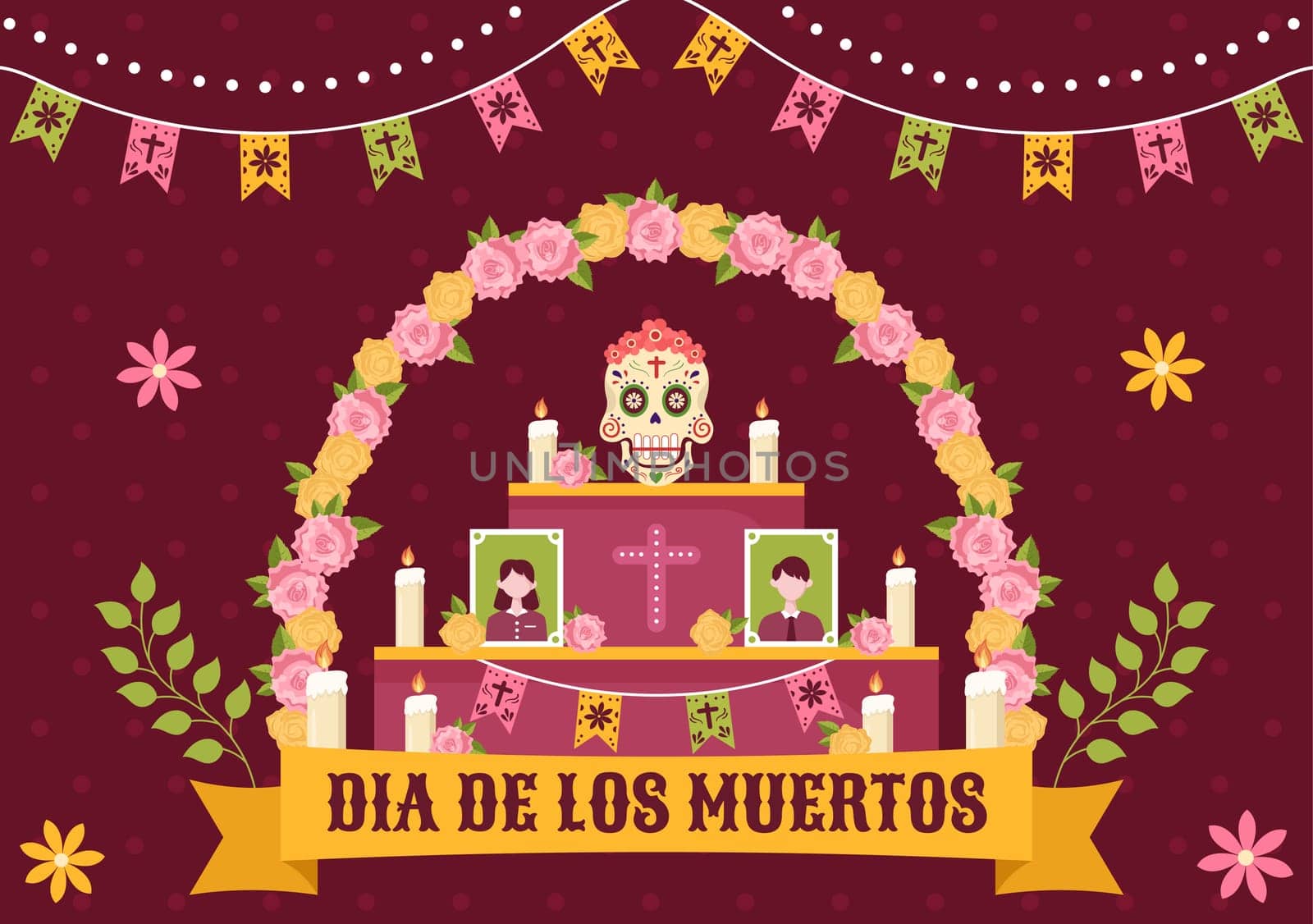 Dia De Los Muertos or Day of the Dead Template Hand Drawn Cartoon Flat Illustration Mexican Holiday Festival with Tattoo Skulls, Maracas and Sombrero