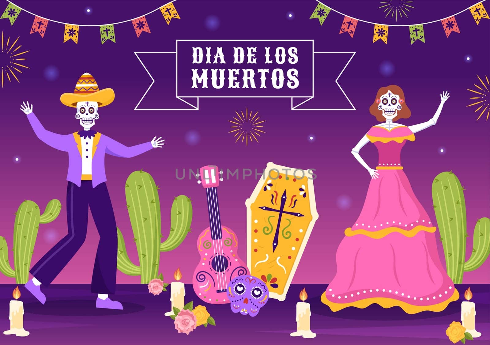 Dia De Los Muertos or Day of the Dead Template Hand Drawn Cartoon Flat Illustration Mexican Holiday Festival with Tattoo Skulls, Maracas and Sombrero