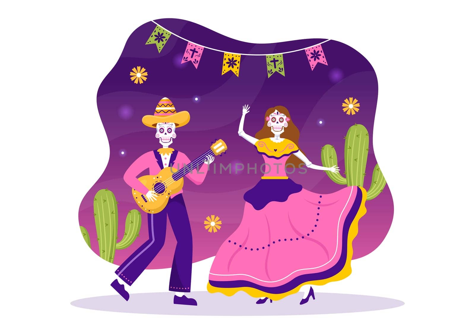 Dia De Los Muertos or Day of the Dead Template Hand Drawn Cartoon Flat Illustration Mexican Holiday Festival with Tattoo Skulls, Maracas and Sombrero