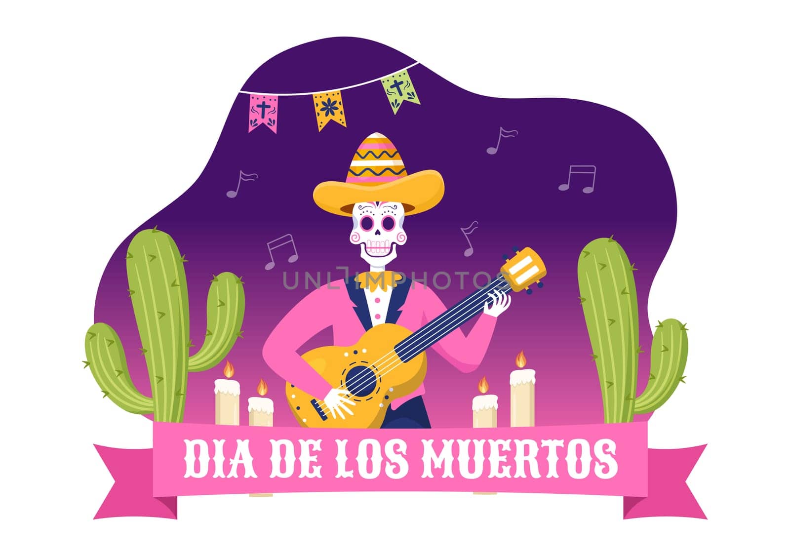 Dia De Los Muertos or Day of the Dead Template Hand Drawn Cartoon Flat Illustration Mexican Holiday Festival with Tattoo Skulls, Maracas and Sombrero