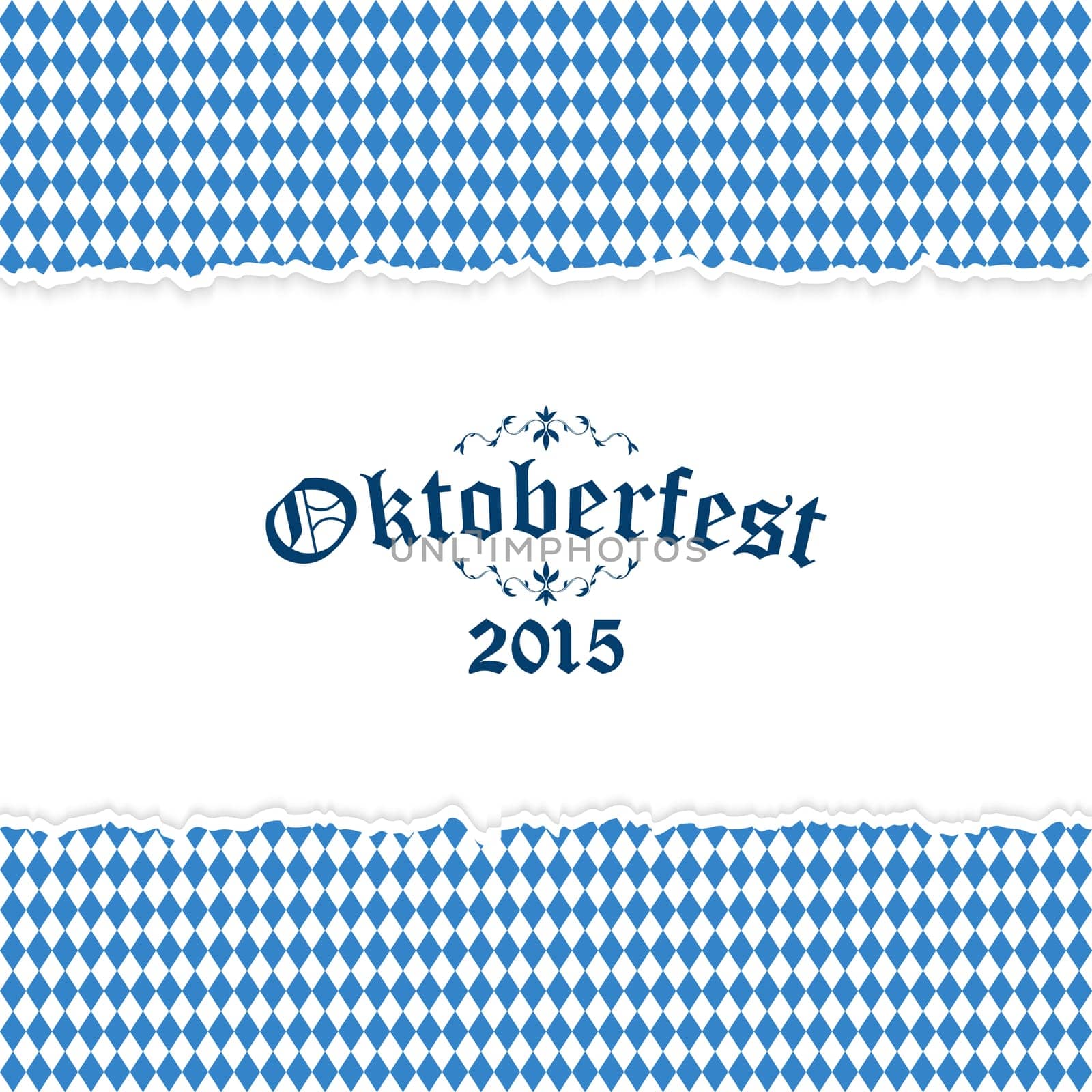 Oktoberfest background with ripped open paper having blue-white checkered pattern and text Oktoberfest 2015