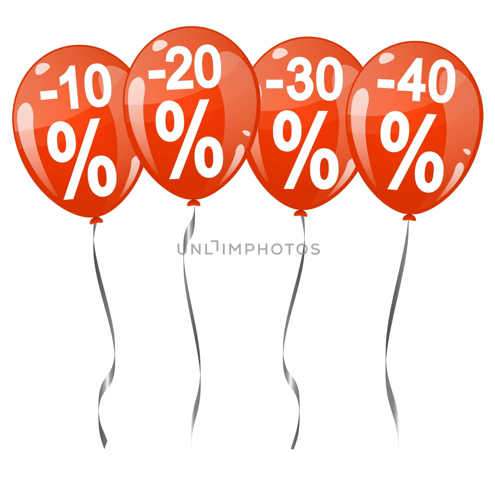 four red colored flying balloons with percentage signs