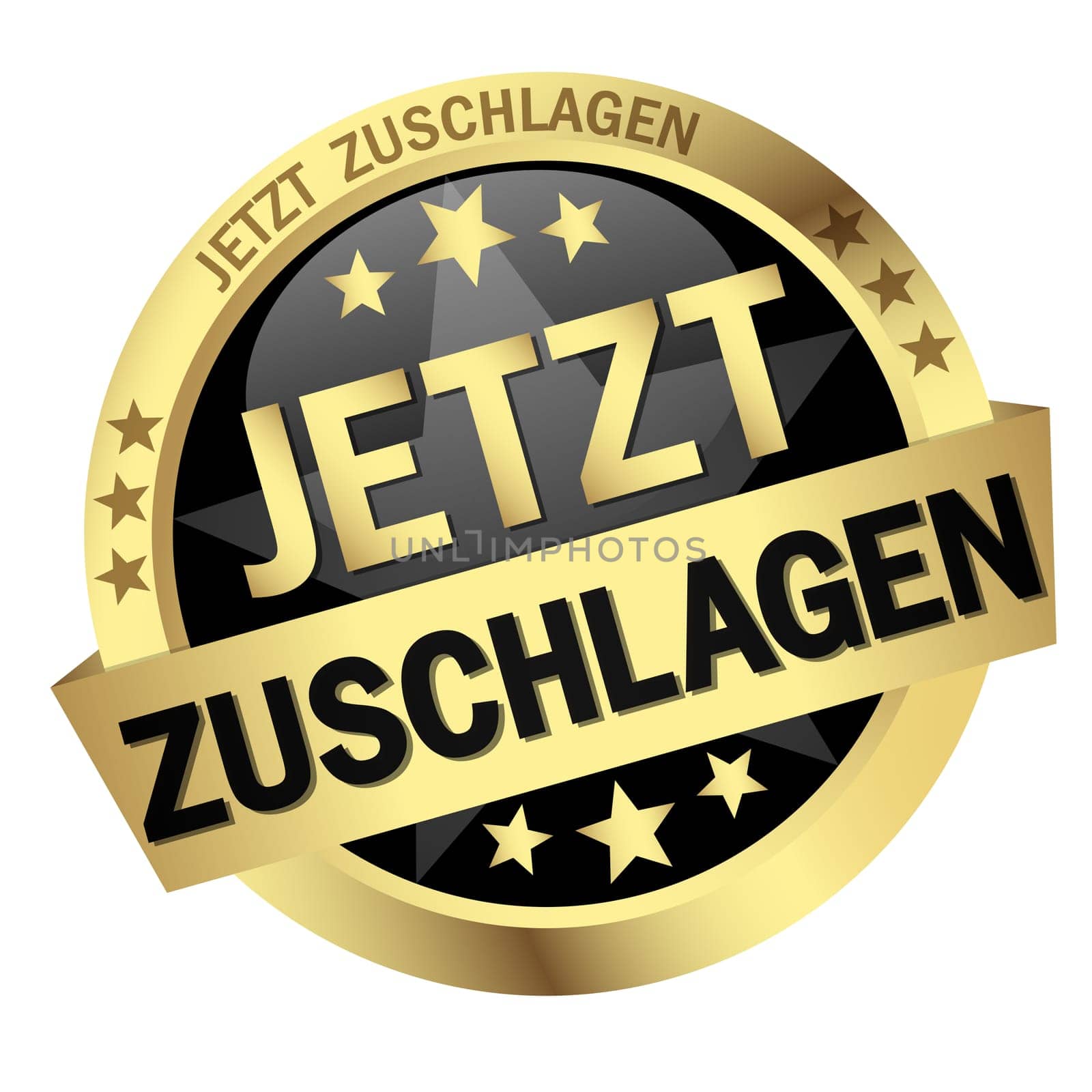 gold button with banner and text Strike Now