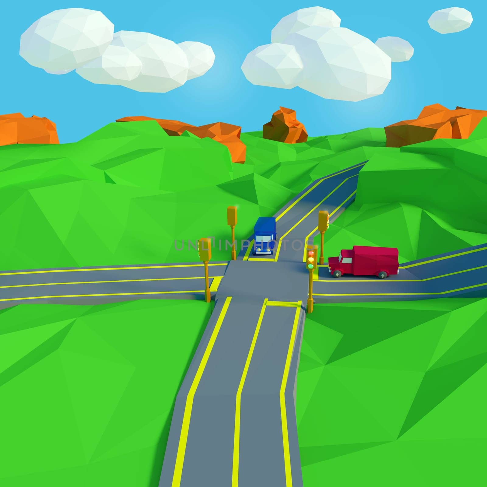 Two trucks approaching a traffic light