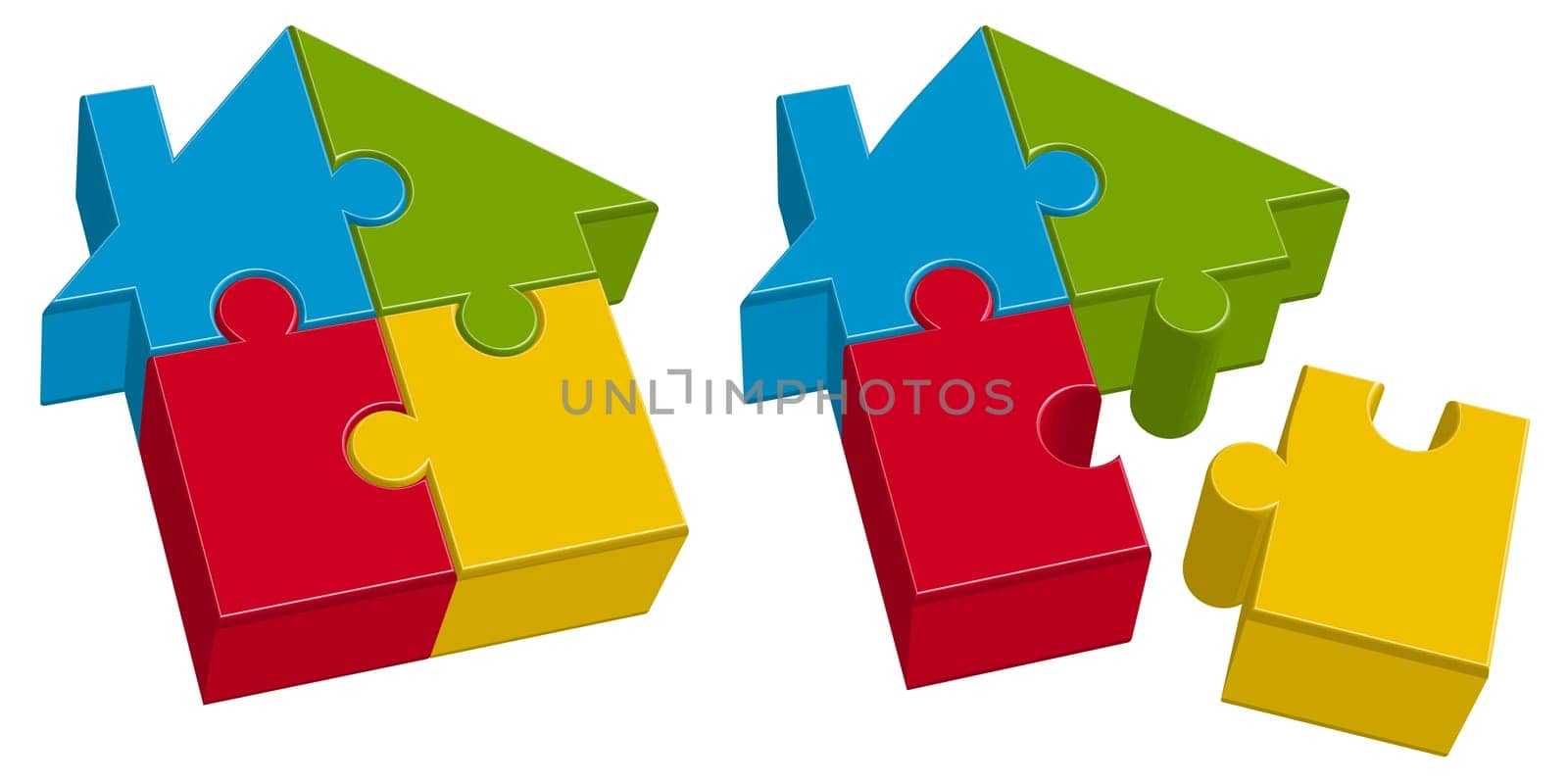three dimensional puzzle house with four colored parts