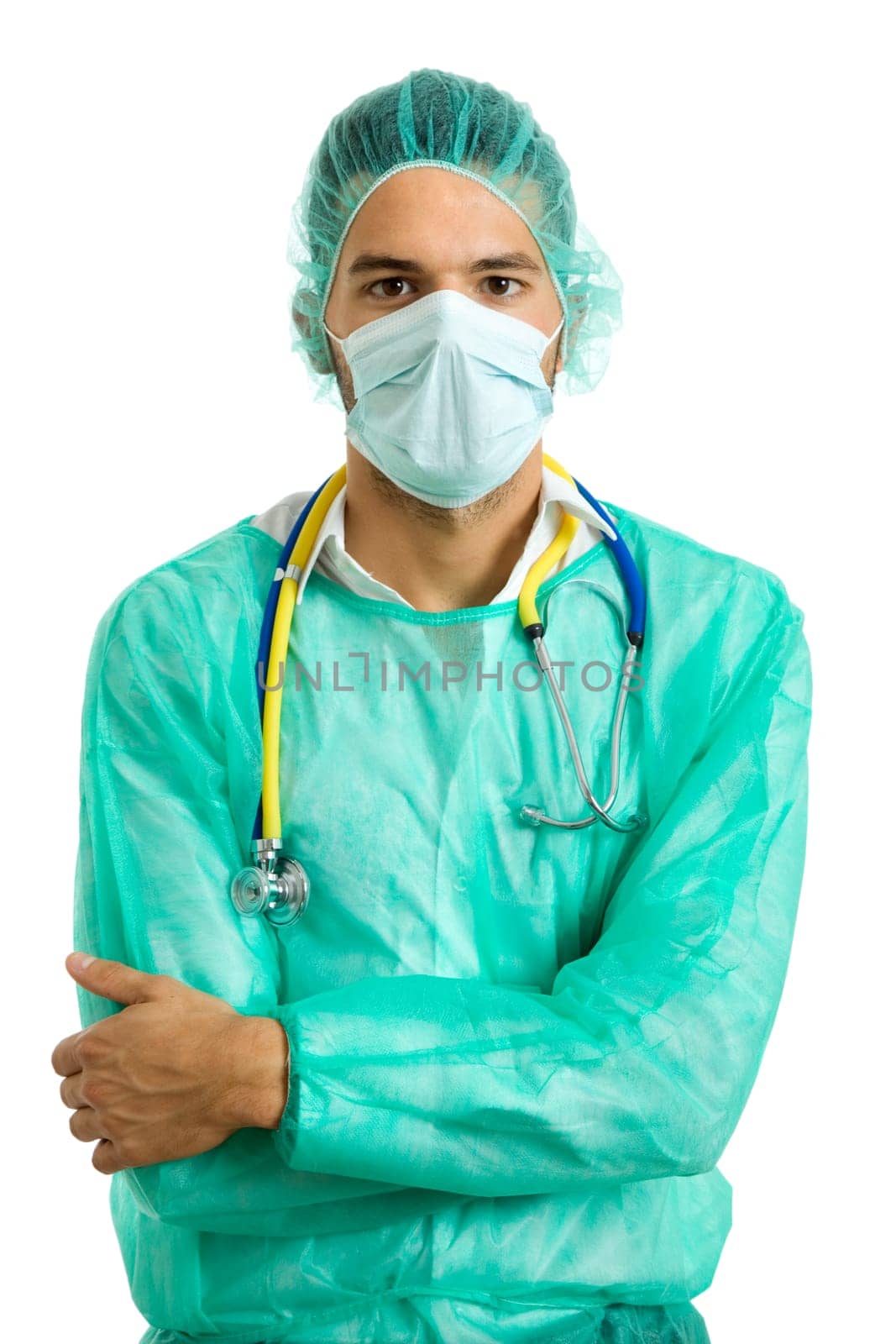 young male doctor, isolated on white background