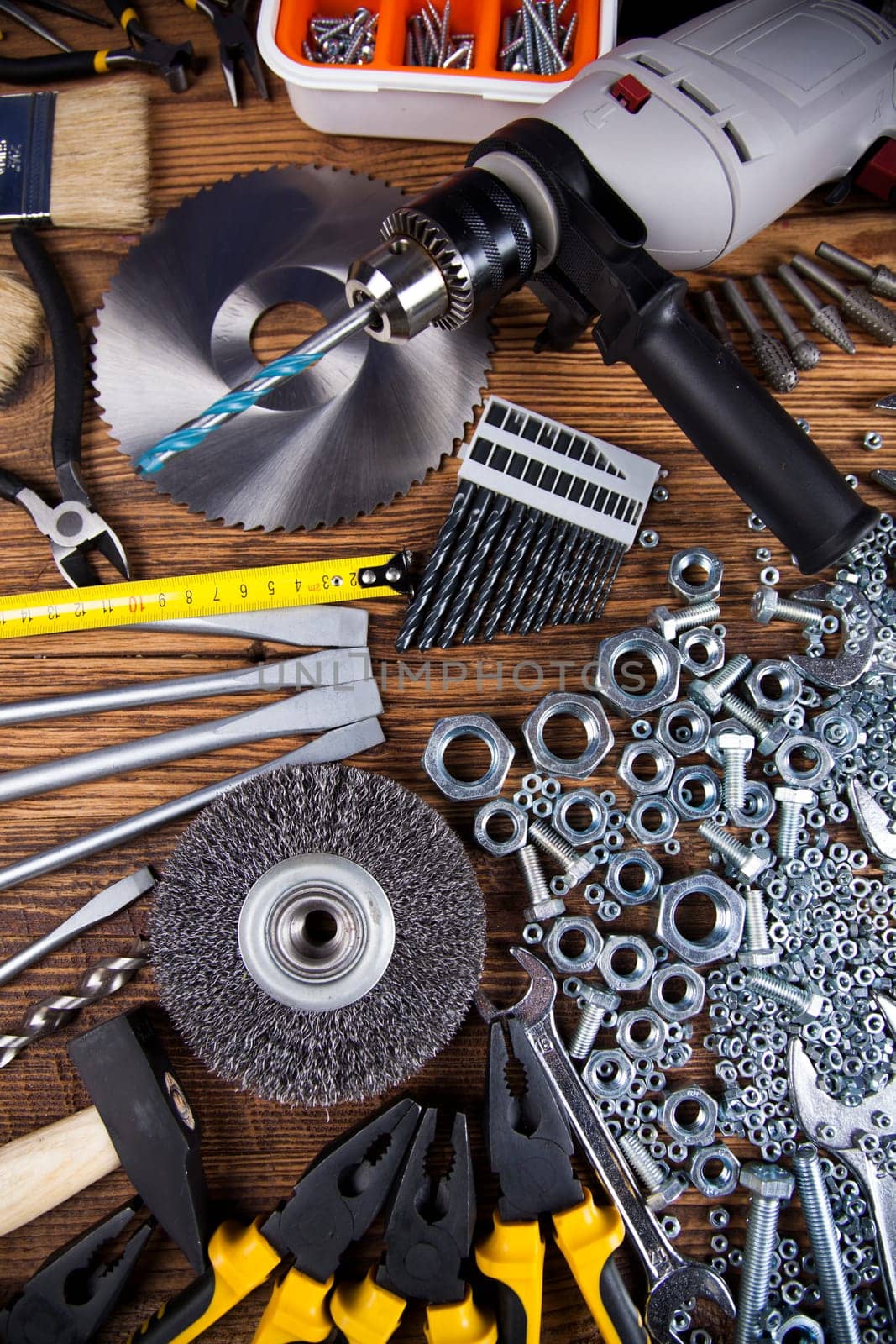 Working tools on wooden background
