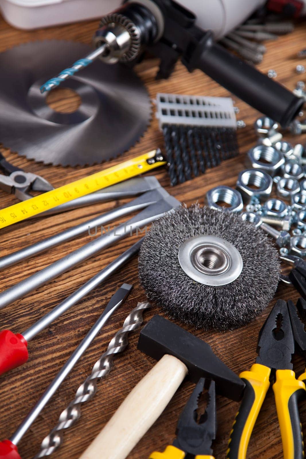 Working tools on wooden background