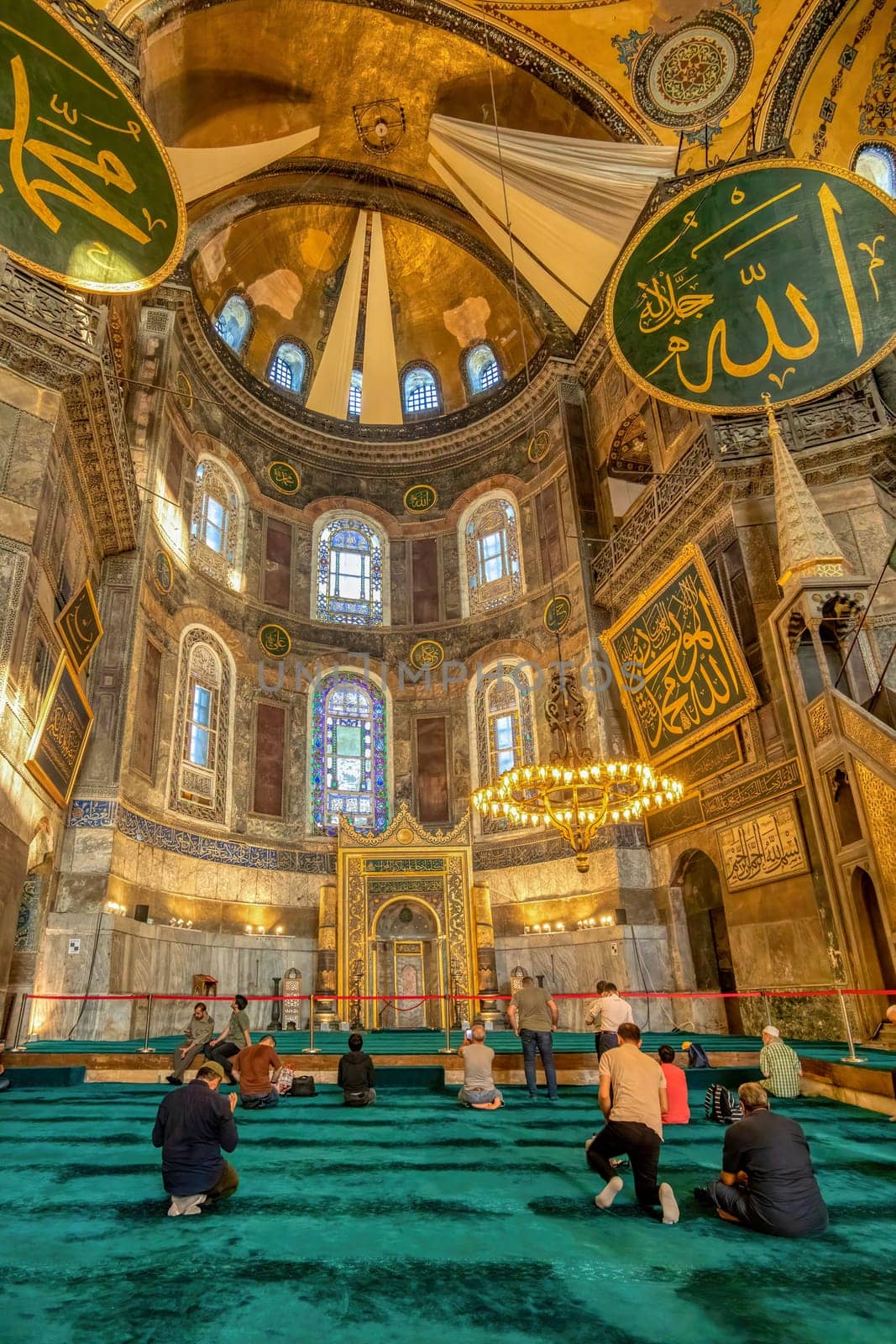 Istanbul, Turkey - August 5, 2022: Interior of ancient basilica Hagia Sophia. For almost 500 years the principal mosque of Istanbul, Aya Sofia served as model for many other Ottoman mosques