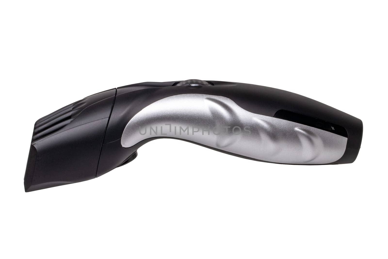 Close-up of a new black silver rechargeable beard and hair clipper isolated on a white background. Clipping path. Cordless hair and beard trimmer. Macro.