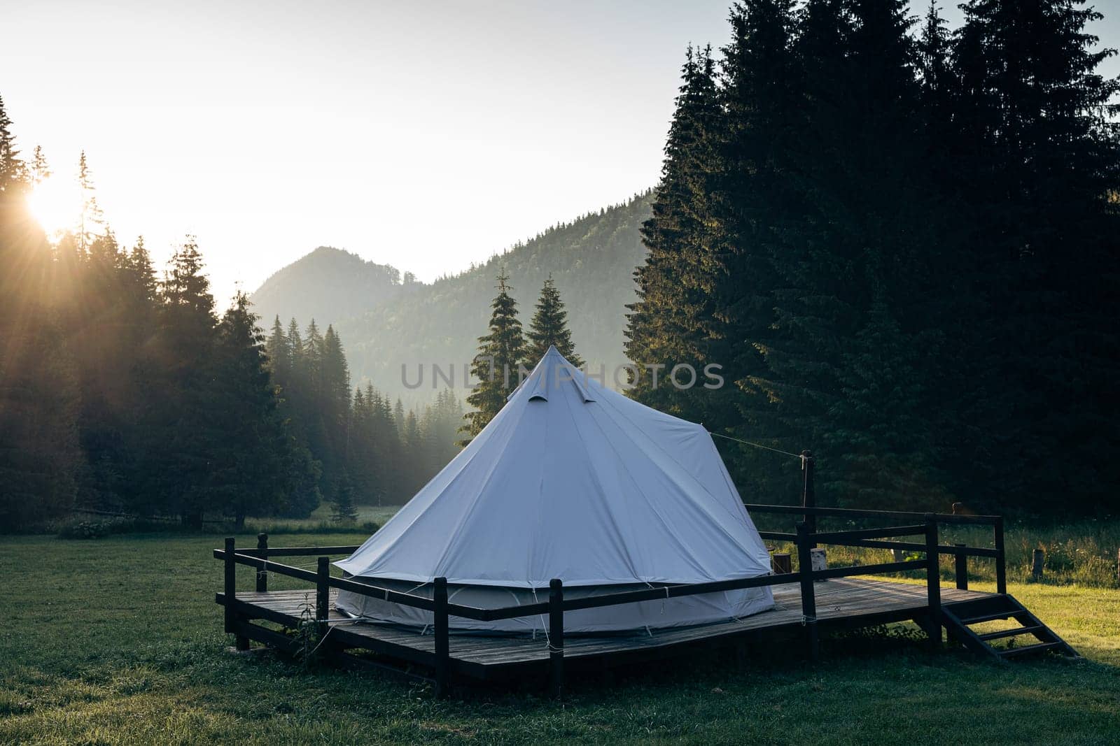 rear view of white glamping tent on wooden deck in green meadow surrounded by fir tree forest at sunrise