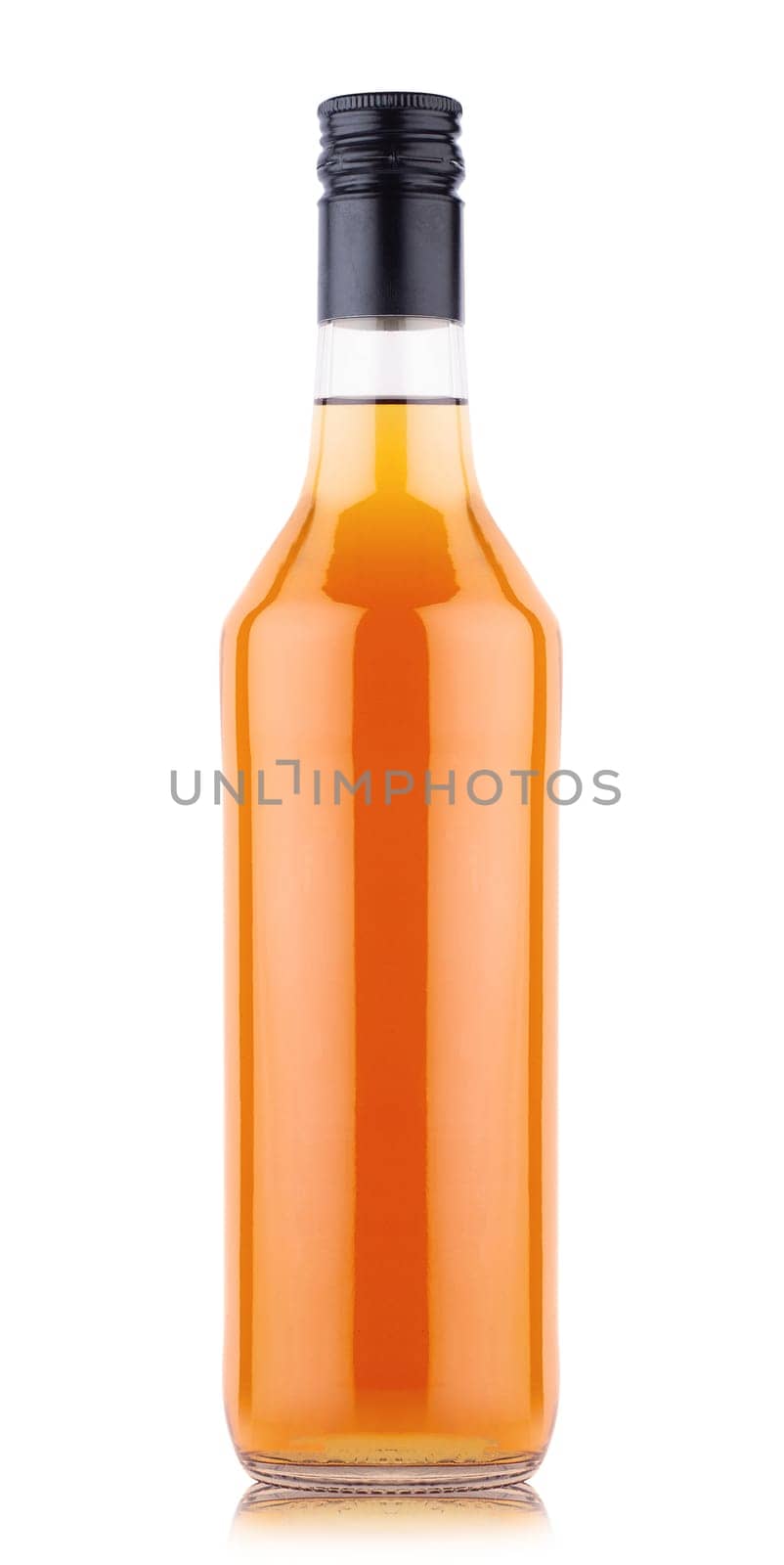 front view closeup of brandy cognac 500 ml bottle with no label and black pilfer cap isolated on white background