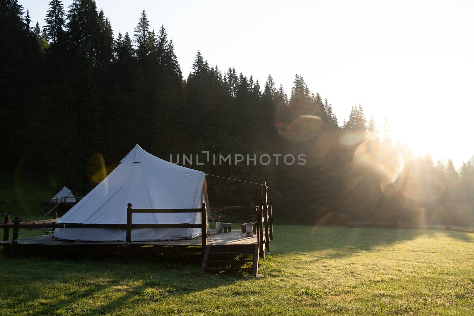 side view of white glamping tent on wooden deck in green meadow surrounded by fir tree forest at sunrise