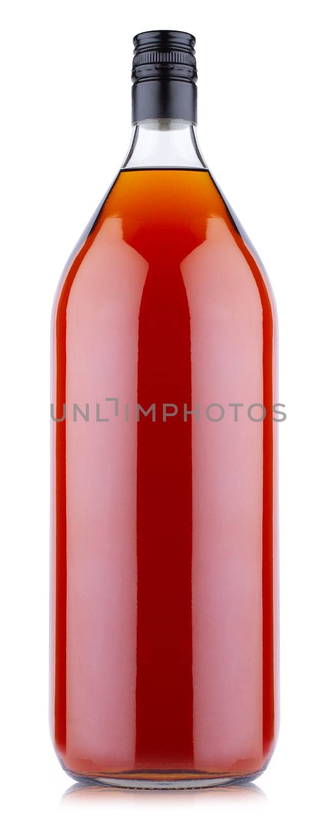 front view closeup of oversized two liter brandy cognac large bottle with no label and black pilfer cap isolated on white background