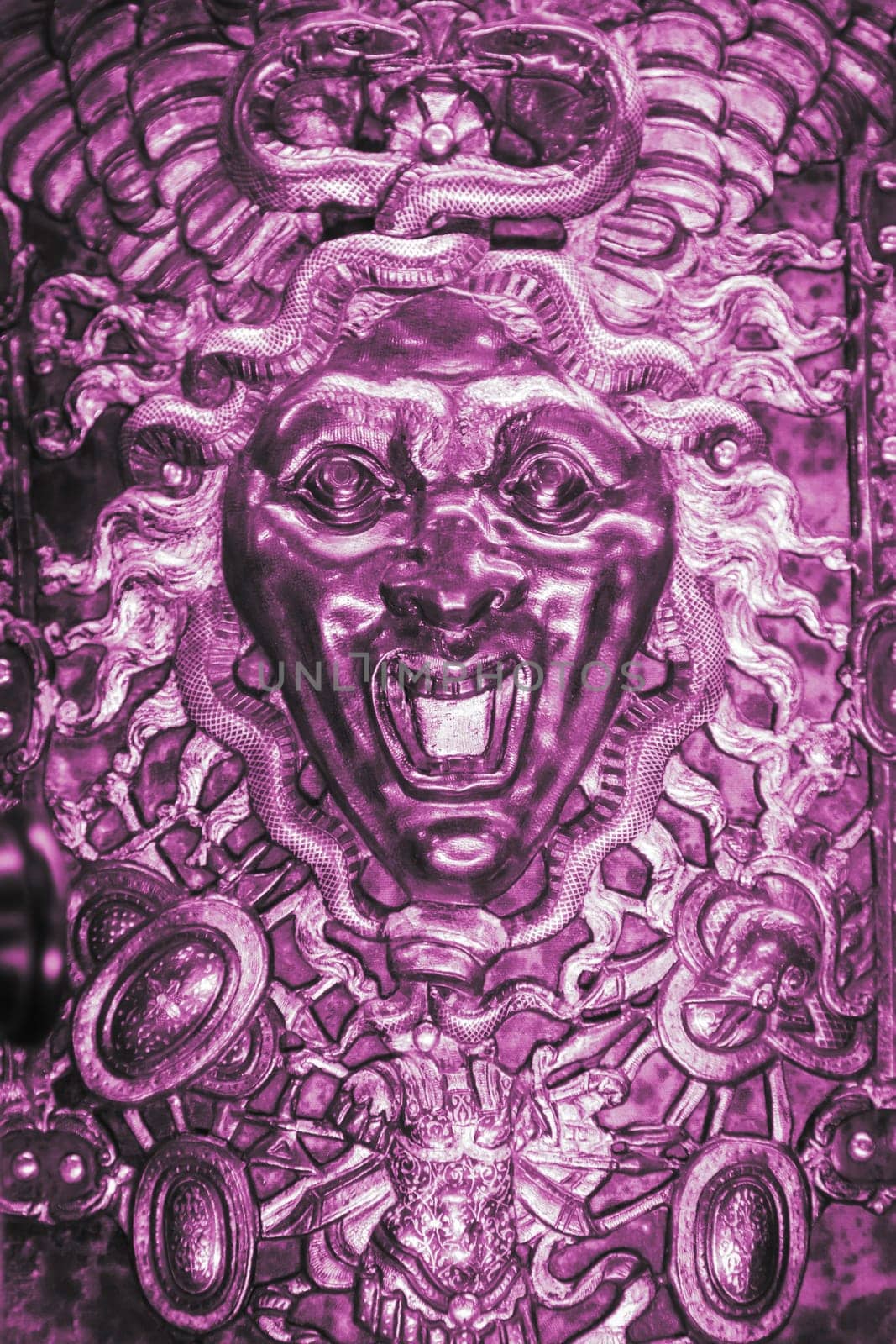 Medusa monster. Face of the Gorgon, gothic symbol of evil with snakes on hair