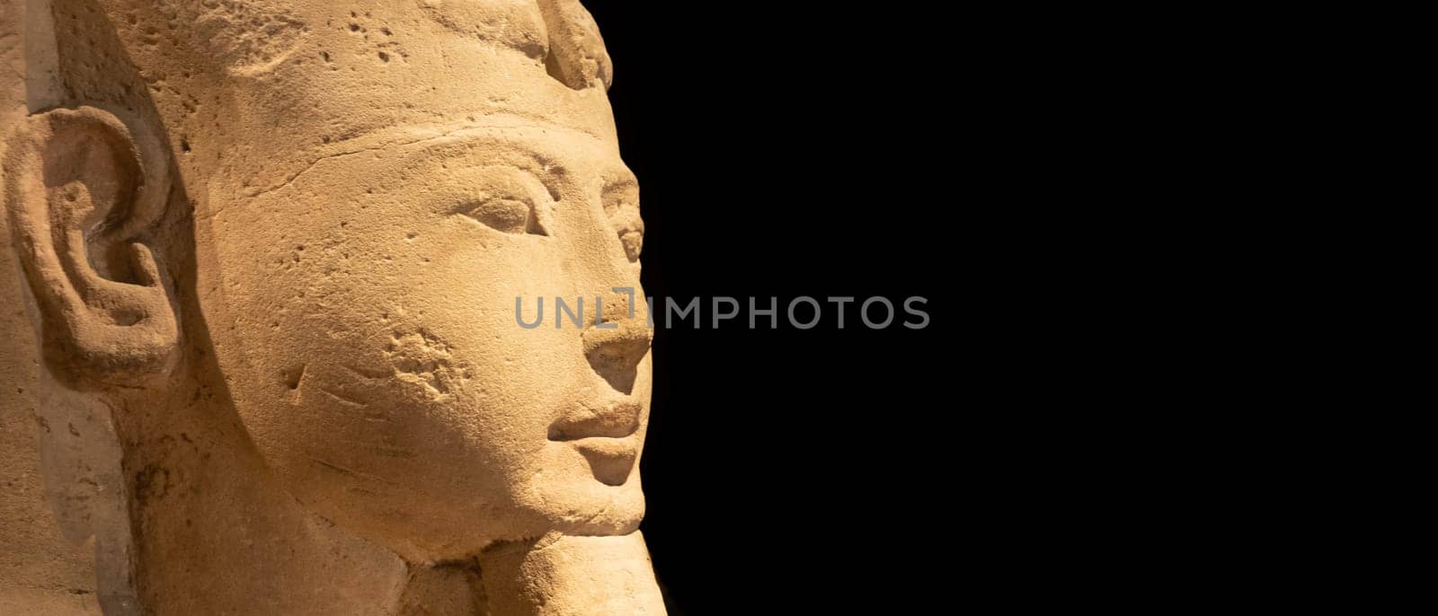 Turin, Italy - Circa July 2021: Egyptian archaeology. Ancient Sphinx in sandstone representing the pharaoh, copy space