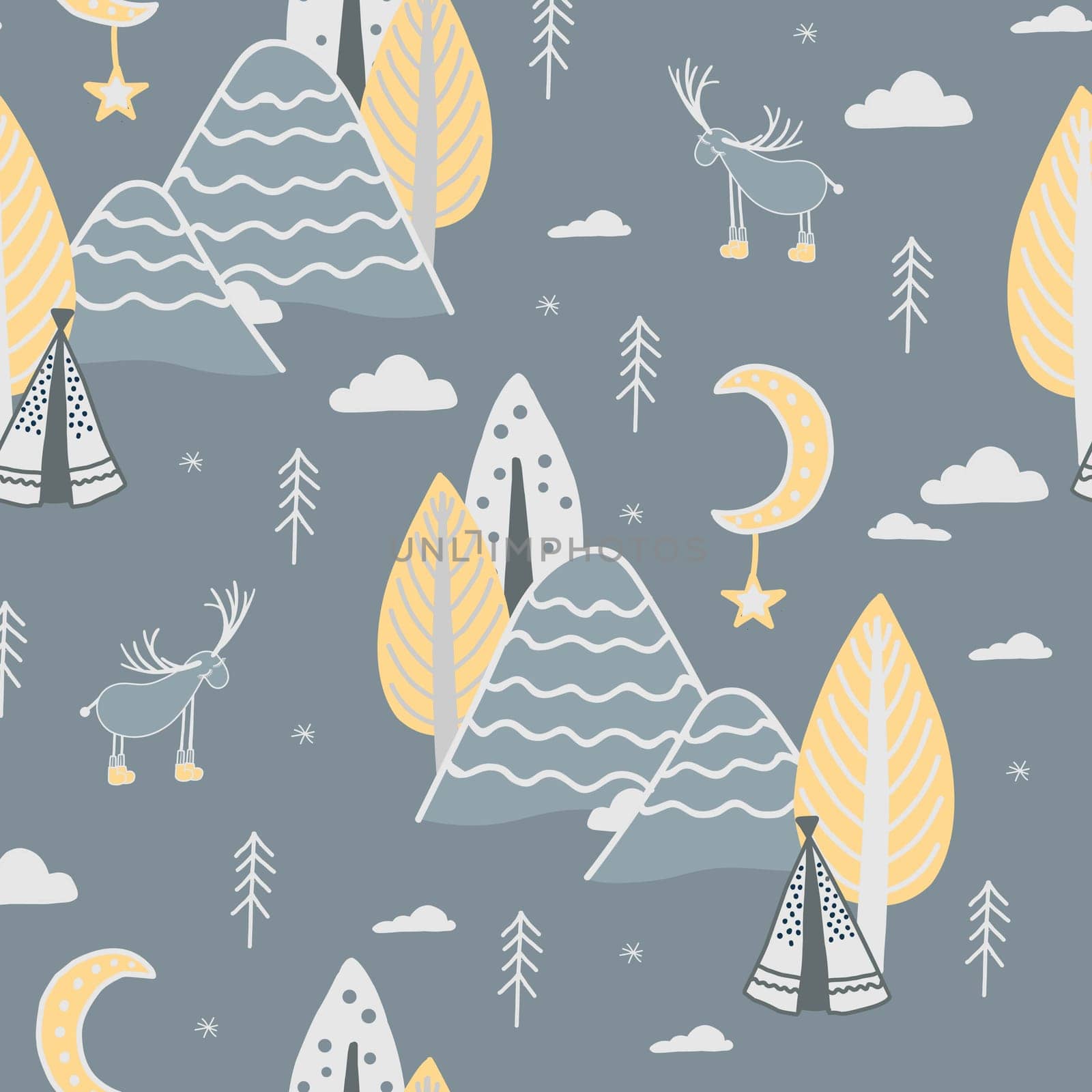 Seamless digital paper children's room. Wallpaper or children's textile design. Forest and mountains on a gray background.