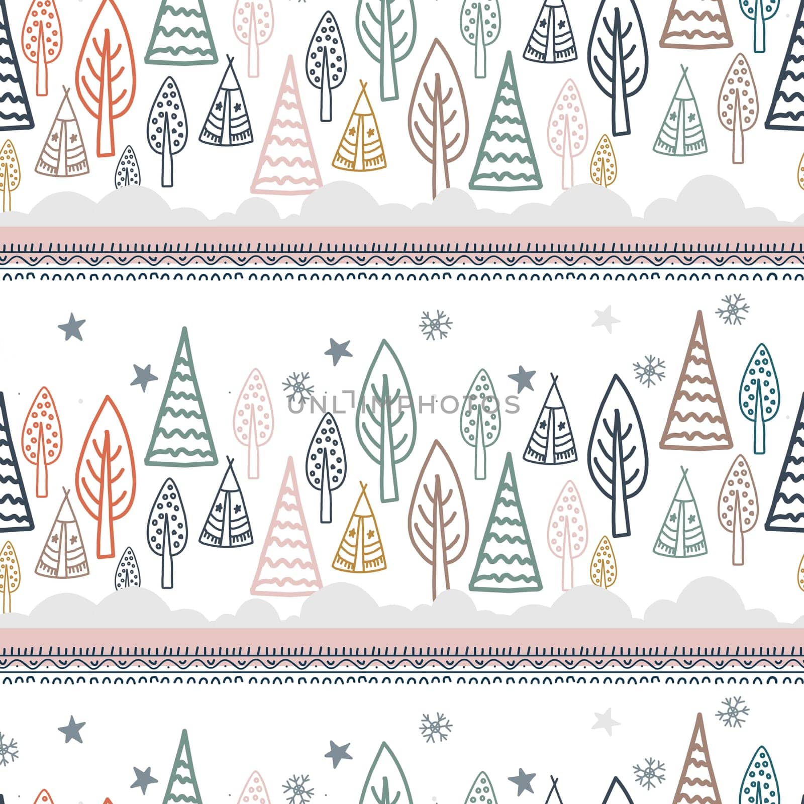 Seamless digital paper for children's room. Wallpaper or children's textile design. Forest and mountains on a white background.