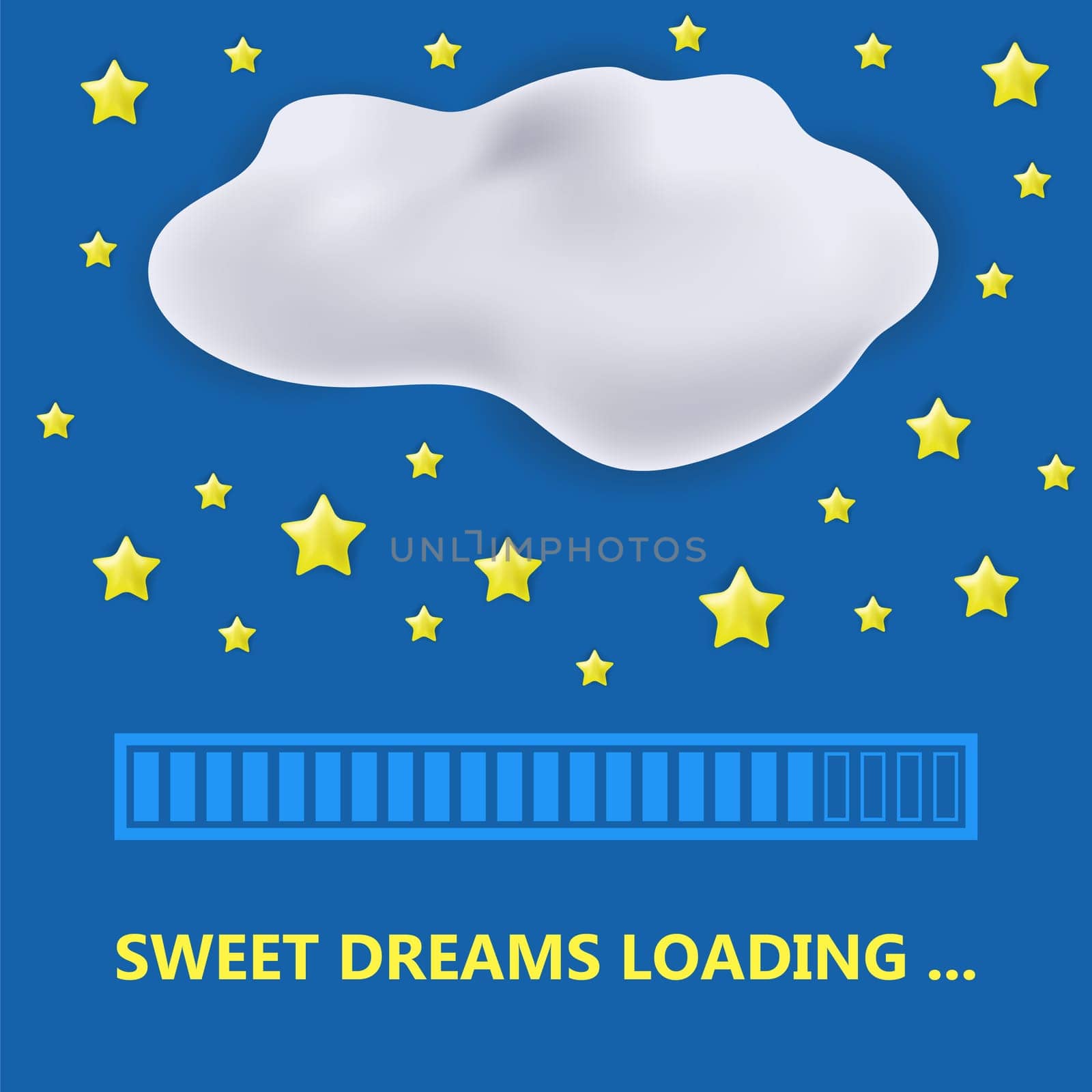 Sweet Dreams Loading Concept on Blue Sky with Yellow Stars and Grey Cloud. Progress Bar Design.