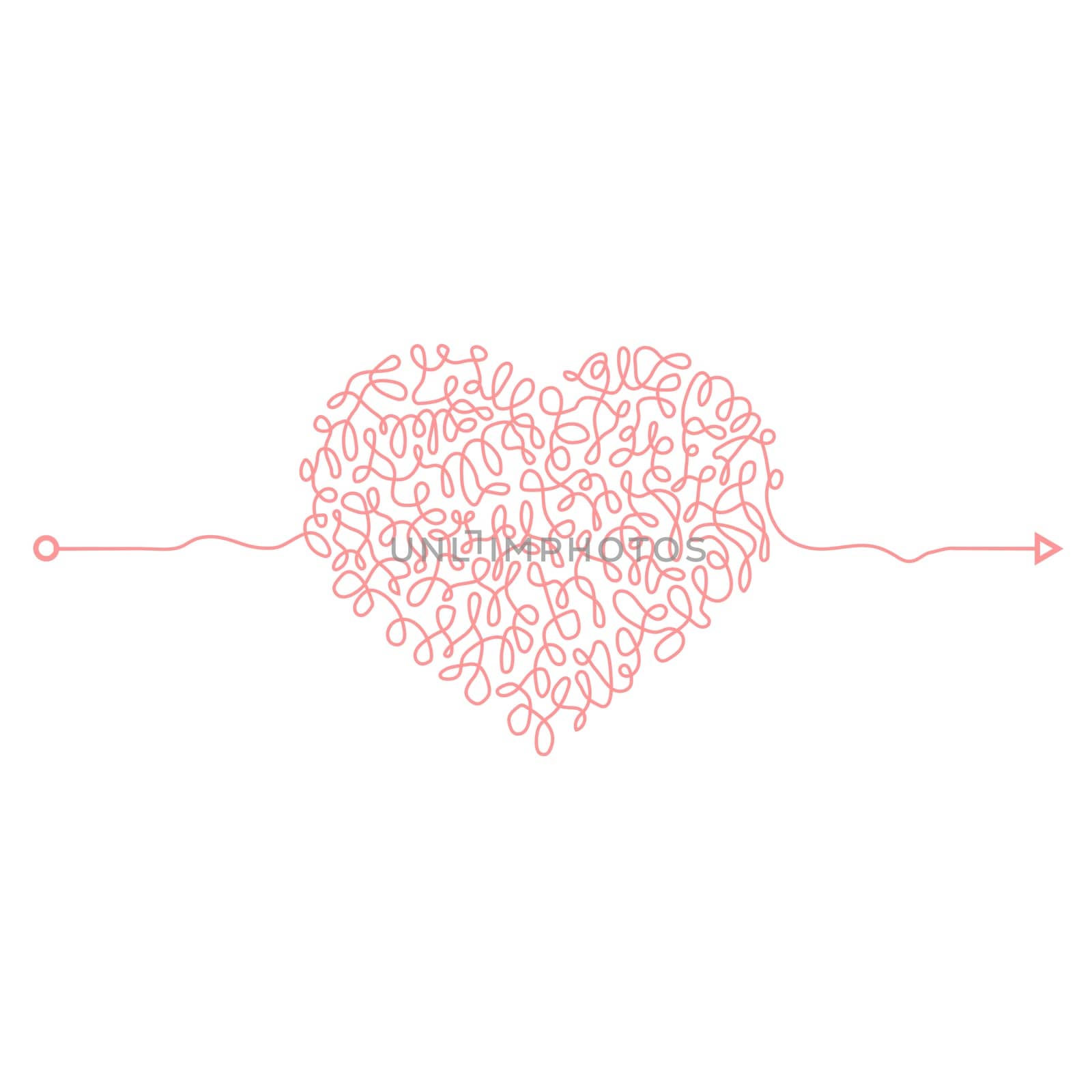 Heart Chaotic Doodle. Thread Clew Knot. Insane Messy Line. Complicated Clew Way. Tangled Cribble Path. Difficult Process.